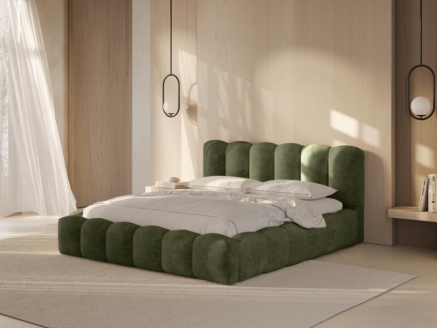 Stylisches Lupine Bett in sanftem Lichtgrün mit praktischem Stauraum und elegantem Headboard, ideal für moderne Schlafzimmer.