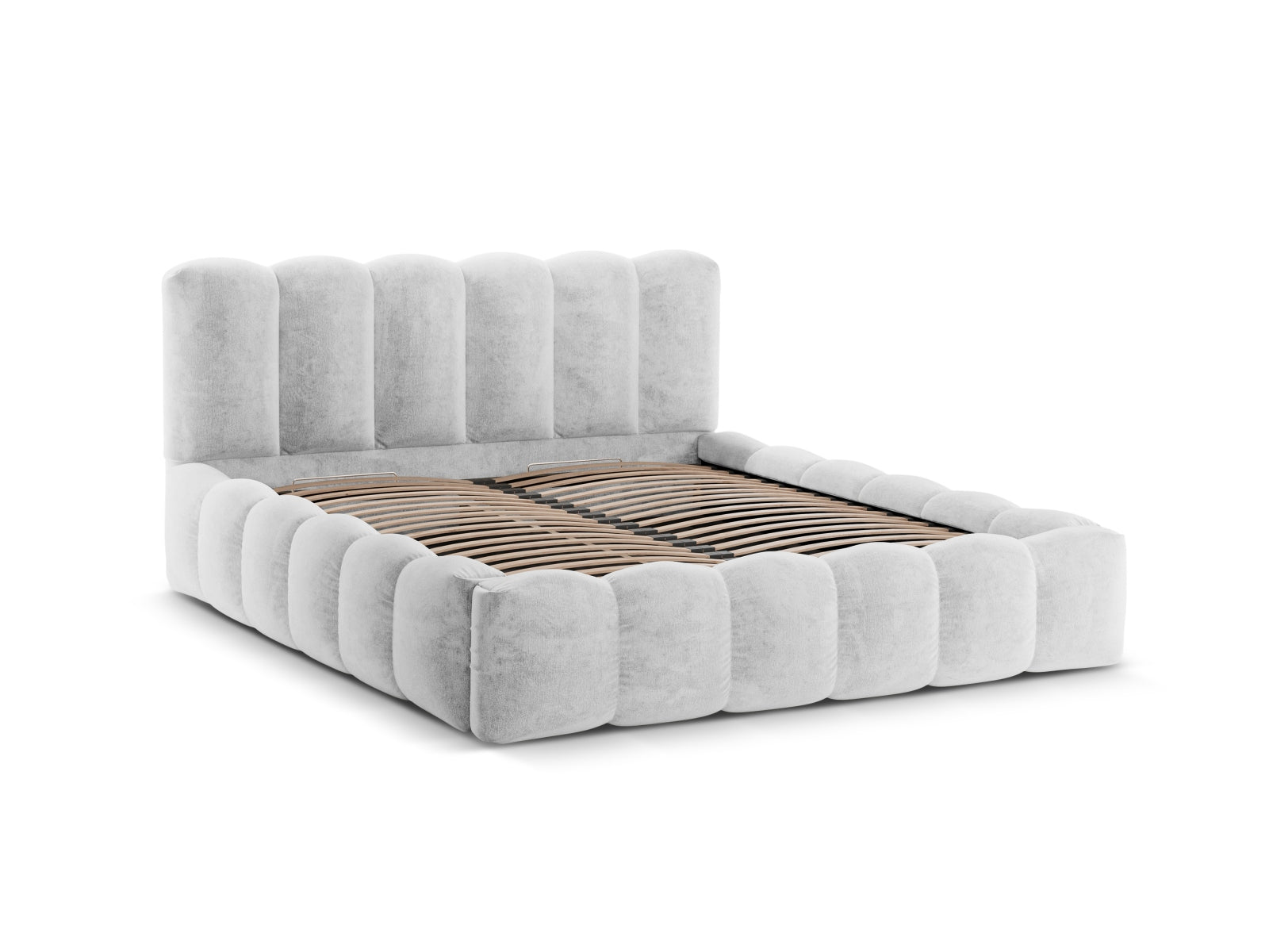 Modernes Micadoni Lupine Bett mit 140 cm Breite, praktischen Stauraum und stilvollem Kopfteil in Silber für ein elegantes Schlafzimmer.