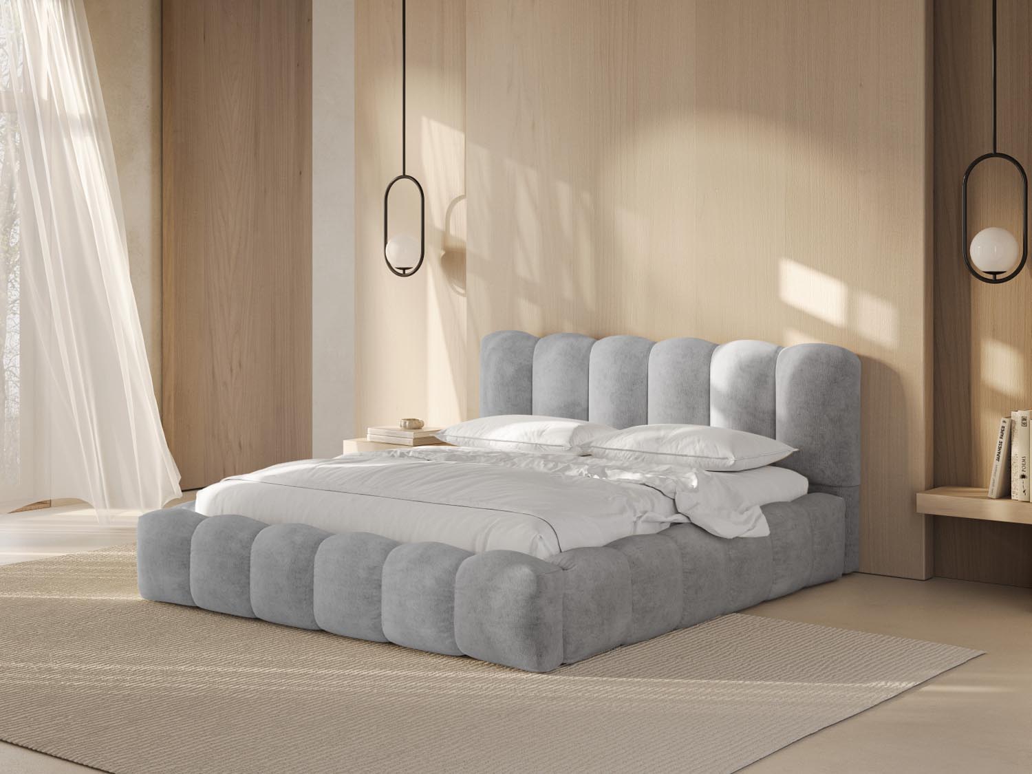 Modernes Lupine Bett mit praktischem Stauraum und stilvollem Headboard in Silber, ideal für jedes Schlafzimmer. Von Micadoni.