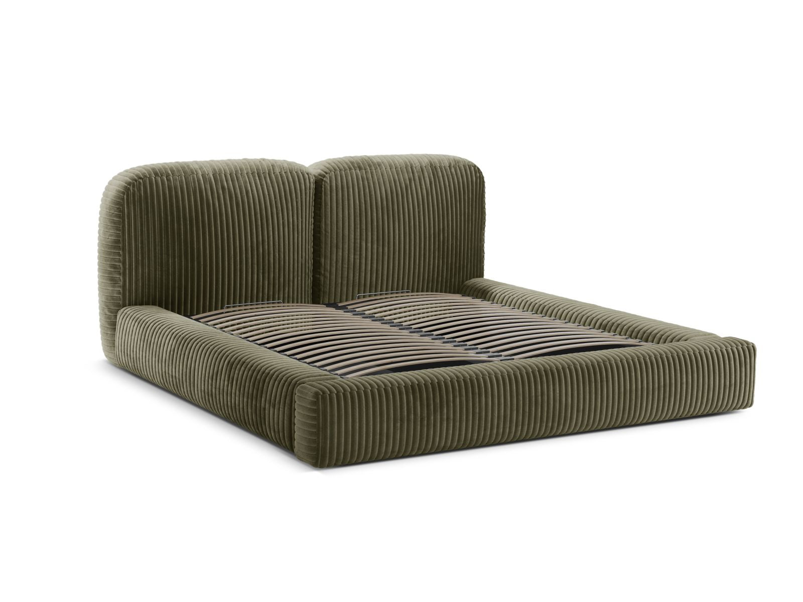 Elegantes Martina Bett in zartem Moss Green, ideal für moderne Schlafzimmer, bietet cleveren Stauraum und ein stilvolles Kopfteil.