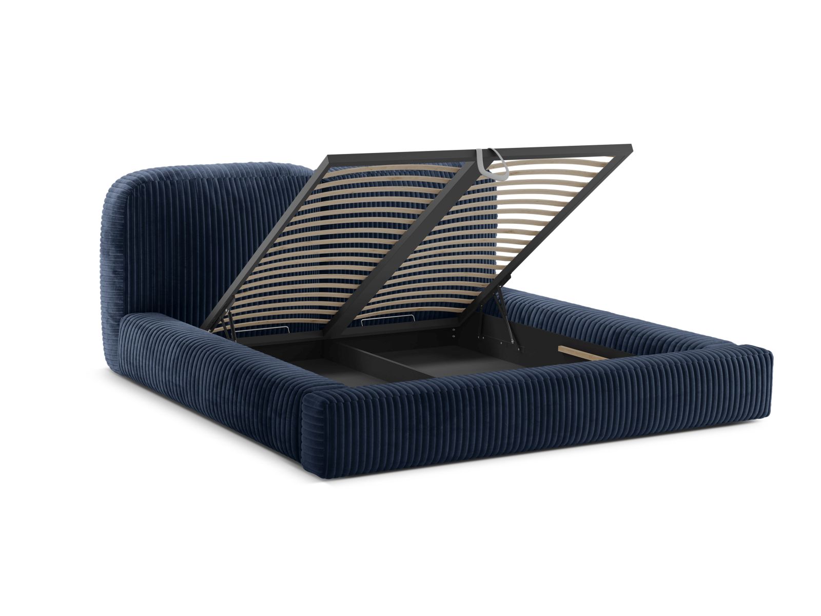 Stylisches Martina Bett in tiefem Navy Blue, ausgestattet mit praktischem Stauraum und einem modernen Kopfteil für ein elegantes Ambiente.