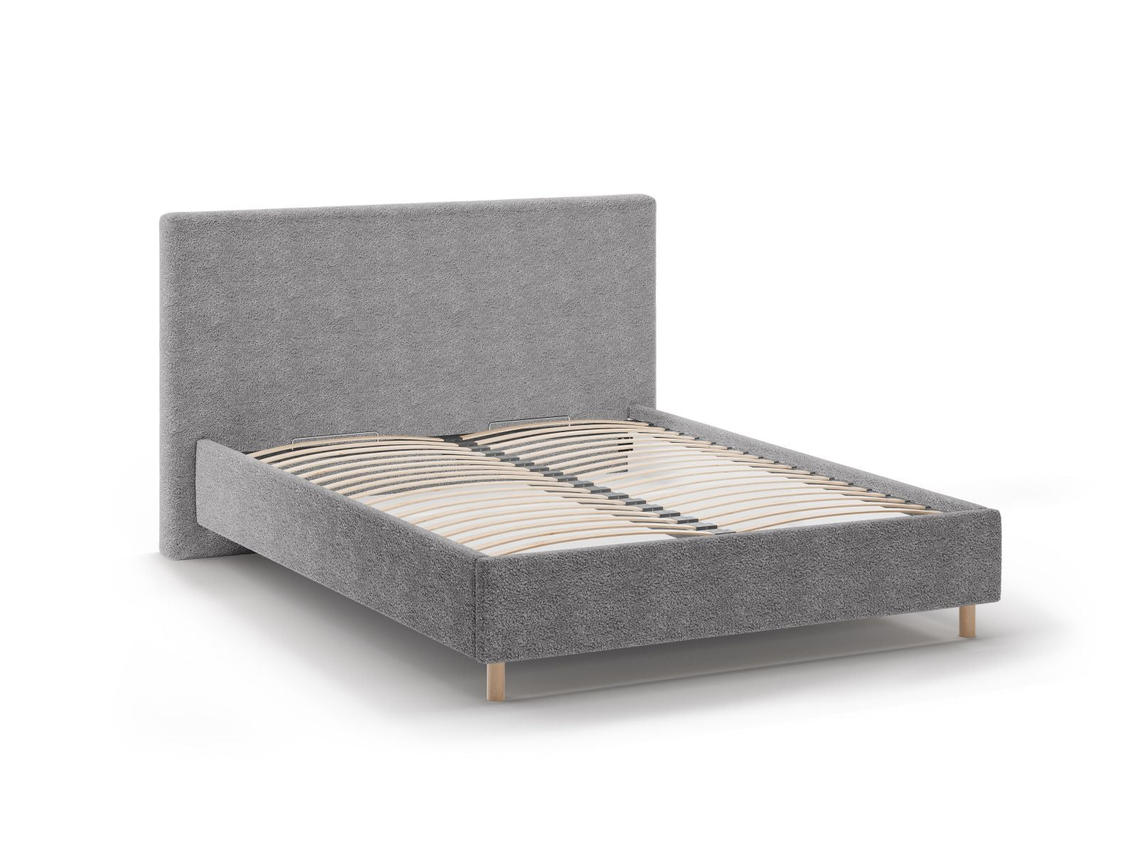 Modernes Eloise Bett in sanftem Grau, bietet cleveren Stauraum und ein elegantes Kopfteil, ideal für stilvolle Schlafzimmer.