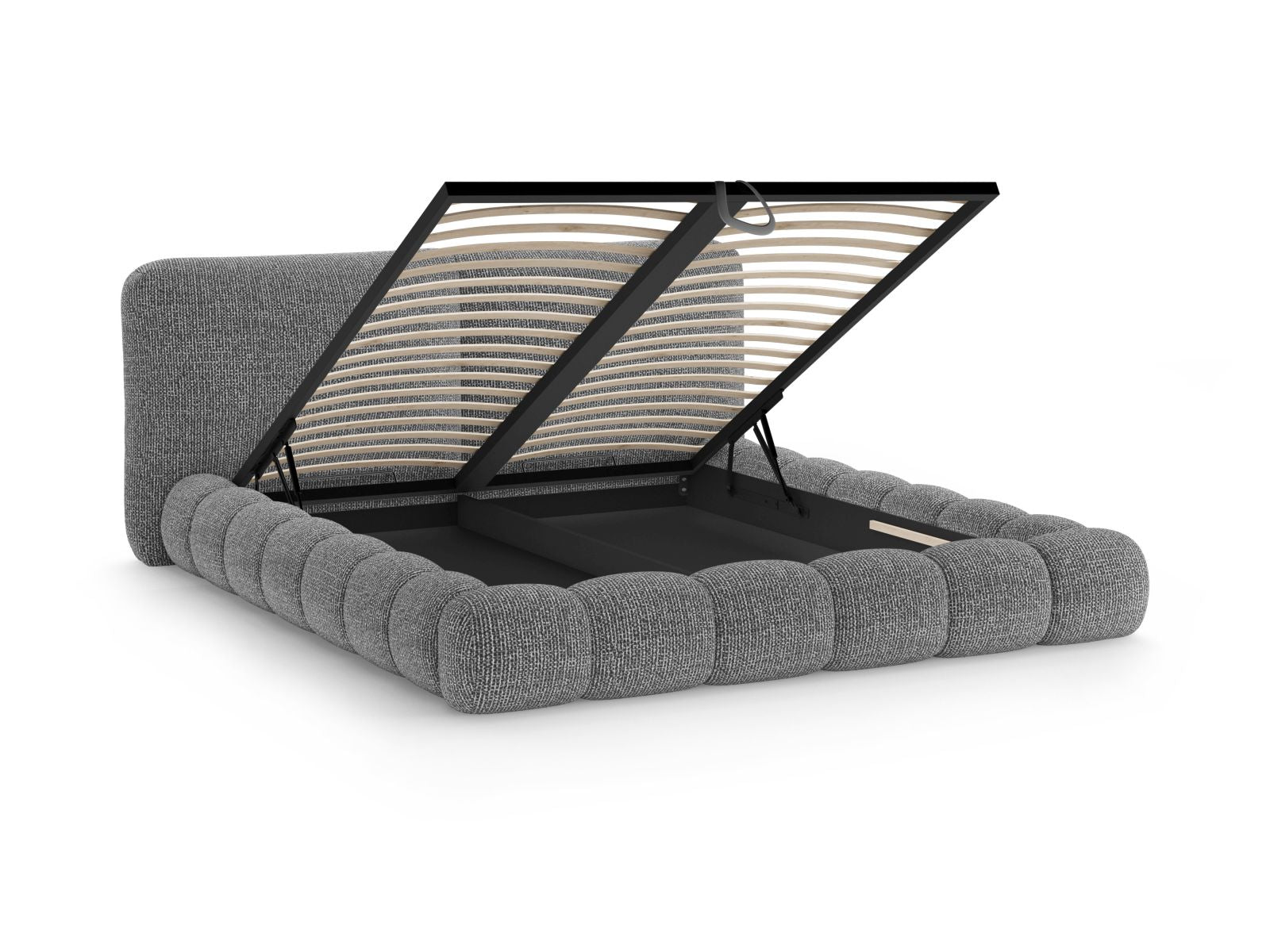 Modernes Solange Bett in Dunkelgrau, 140 cm breit, ausgestattet mit praktischem Stauraum und einem geschmackvollen Kopfteil für ein stilvolles Ambiente.