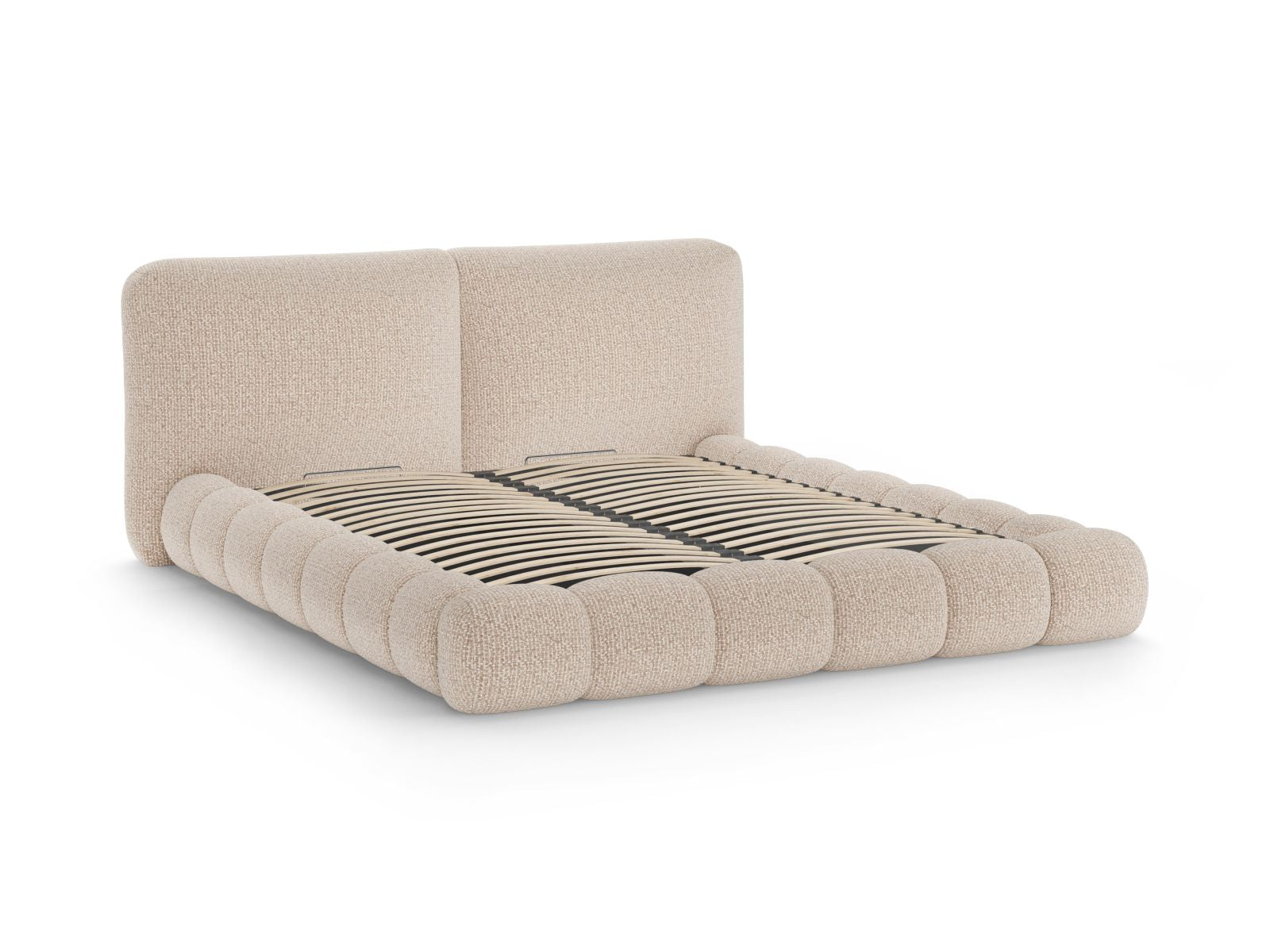 Elegantes Solange Bett mit 140 cm Breite, cleverem Stauraum und modernem Kopfteil in sanften Erdtönen, ideal für stilvolle Schlafzimmer.