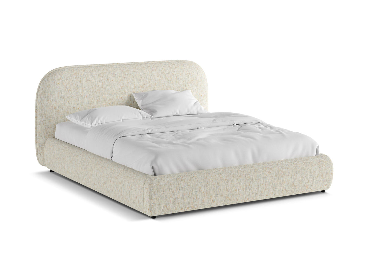 Murada Bett mit gepolstertem Kopfteil, Stoffbezug Tracy in Light Beige Melange, schwarze Kunststoffbeine, Holz- und Sperrholzlattenrahmen, Grösse 140x200 cm.