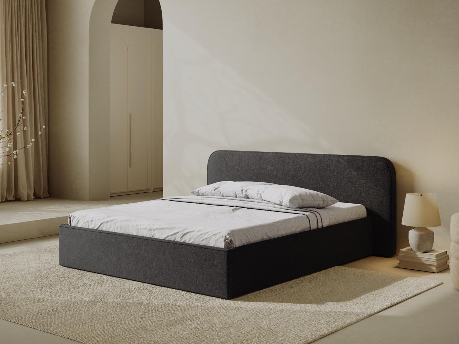 Erleben Sie das elegante Elizabeth Boucle Bett von Micadoni. Mit integriertem Stauraum und einem stilvollen Headboard – perfekt für Ihr modernes Schlafzimmer!
