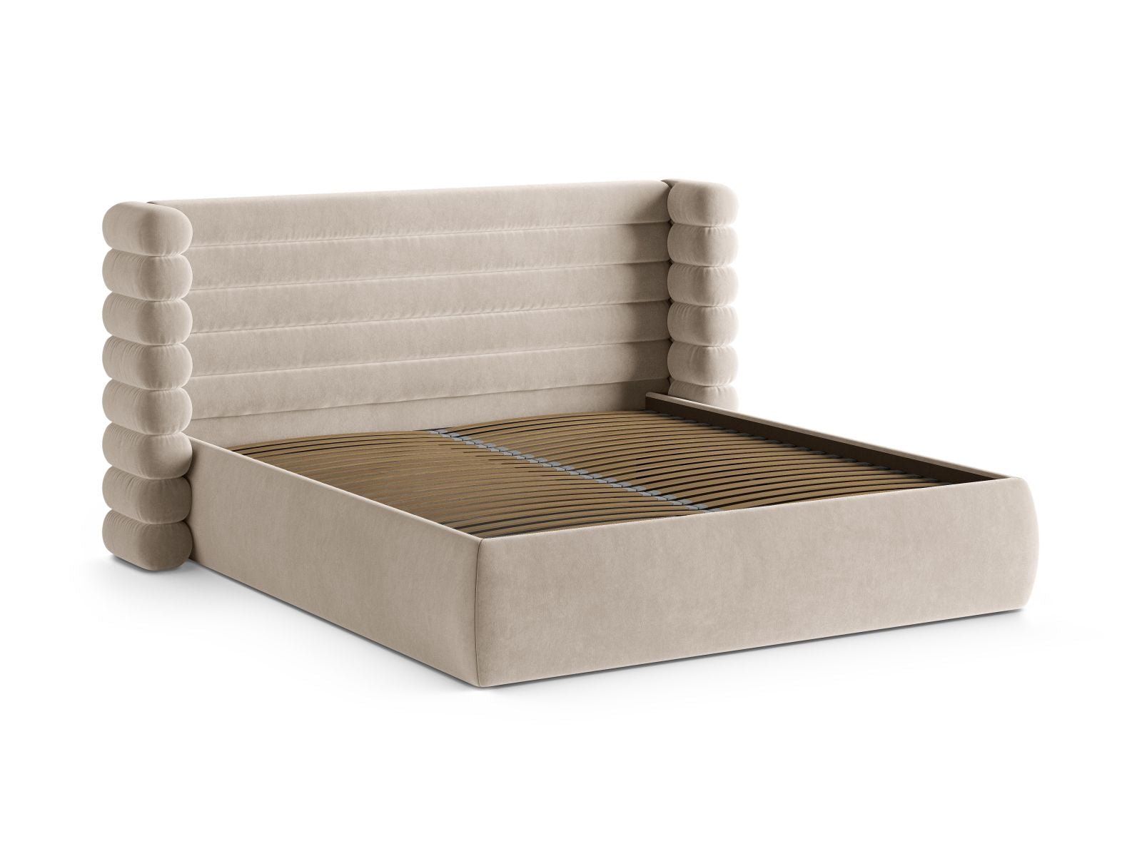 Beige Mount Bett von Micadoni mit integriertem Stauraum und stilvollem Kopfteil, ideal für platzsparende und moderne Schlafzimmer.