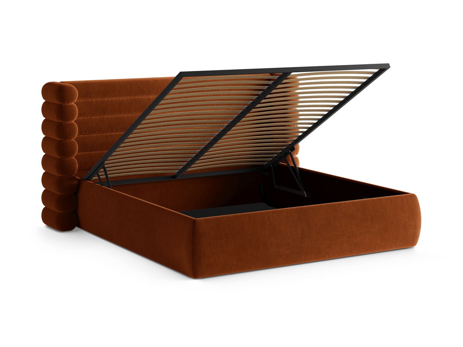 Modernes Mount Bett in elegantem Terracotta, bietet cleveren Stauraum und ein geschmackvolles Kopfteil für ein einladendes Ambiente.
