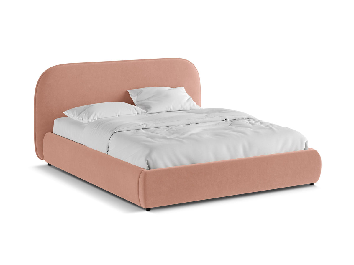 Murada Bett mit gepolstertem Kopfteil, Stoffbezug Tracy in Light Beige Melange, schwarze Kunststoffbeine, Holz- und Sperrholzlattenrahmen, Grösse 140x200 cm.