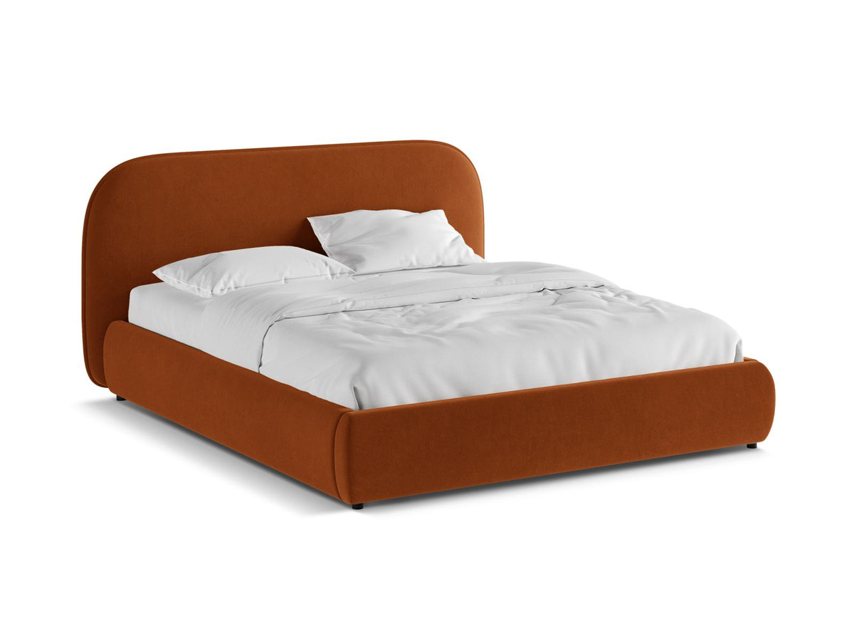 Murada Bett mit gepolstertem Kopfteil, Stoffbezug Tracy in Light Beige Melange, schwarze Kunststoffbeine, Holz- und Sperrholzlattenrahmen, Grösse 140x200 cm.