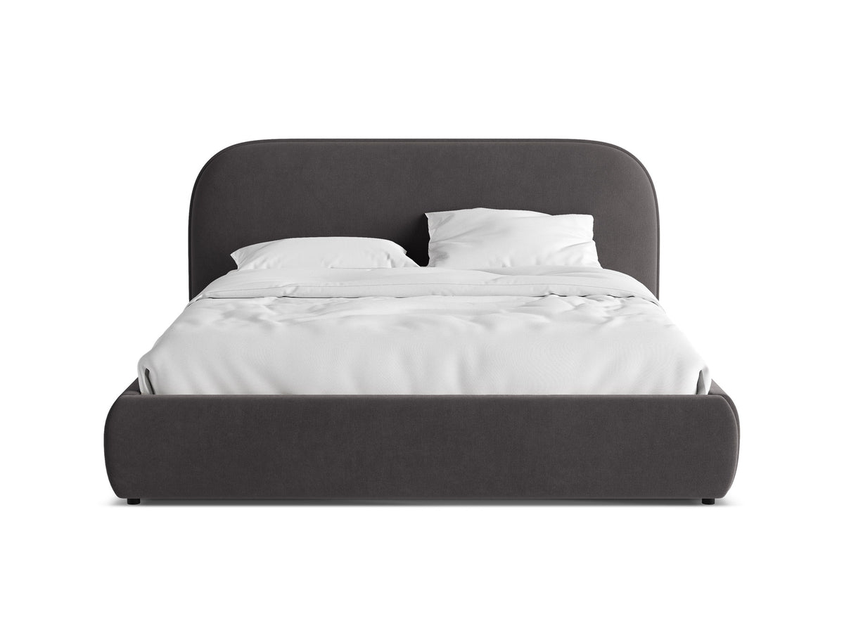 Murada Bett mit gepolstertem Kopfteil, Stoffbezug Tracy in Light Beige Melange, schwarze Kunststoffbeine, Holz- und Sperrholzlattenrahmen, Grösse 140x200 cm.