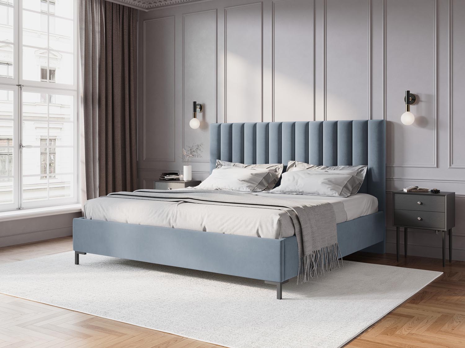 Erleben Sie das elegante Allison Velour Bett von Micadoni – perfekt für Ihr modernes Schlafzimmer, mit praktischem Stauraum und stilvollem Kopfteil.