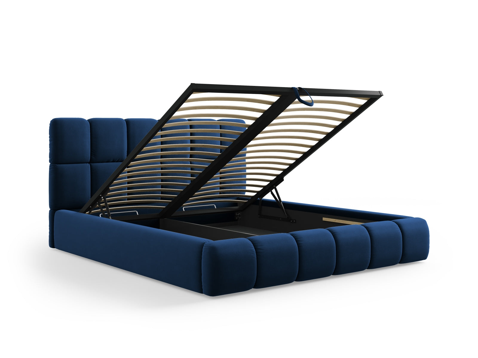 Elegantes Bellis Velour Bett in Royal Blue mit praktischem Stauraum und geschmackvollem Kopfteil, perfekt für stilvolle Schlafzimmer.