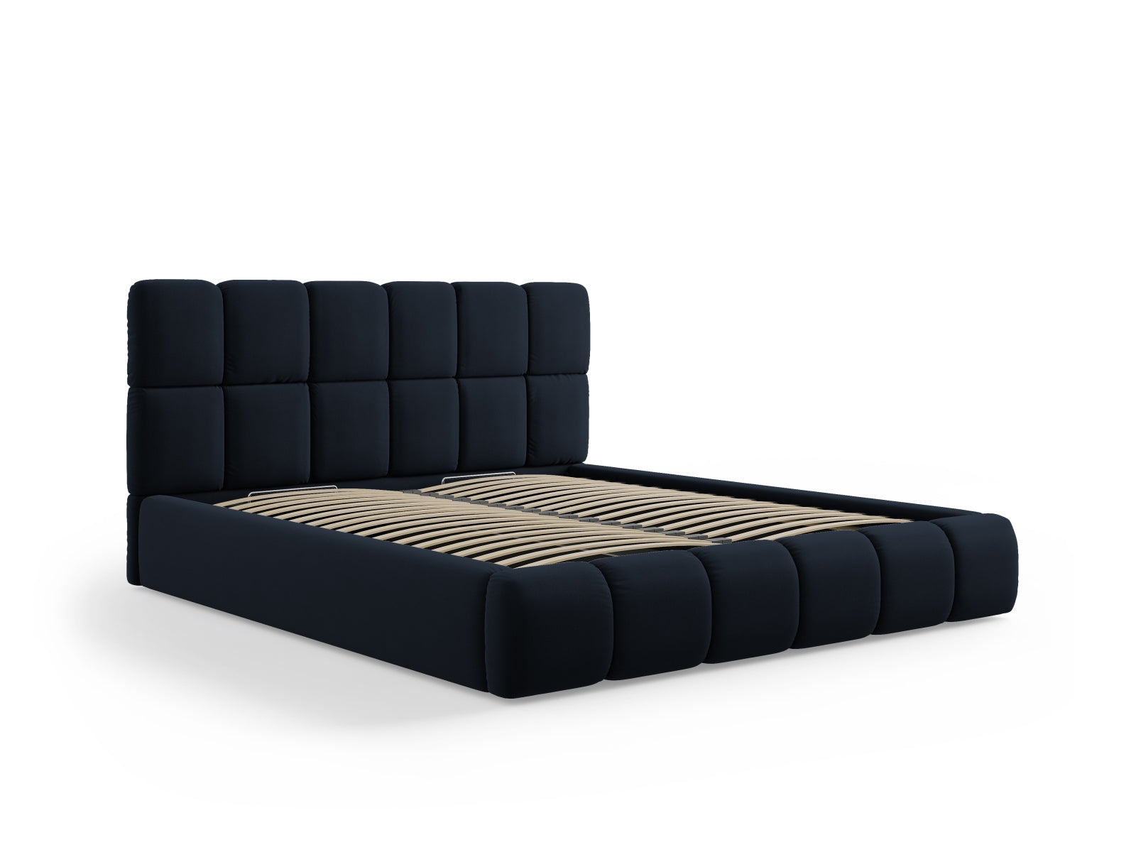Stylisches Bellis Velour Bett in tiefem Blau, ausgestattet mit praktischem Stauraum und einem ansprechenden Kopfteil für zeitgemäße Wohnräume.