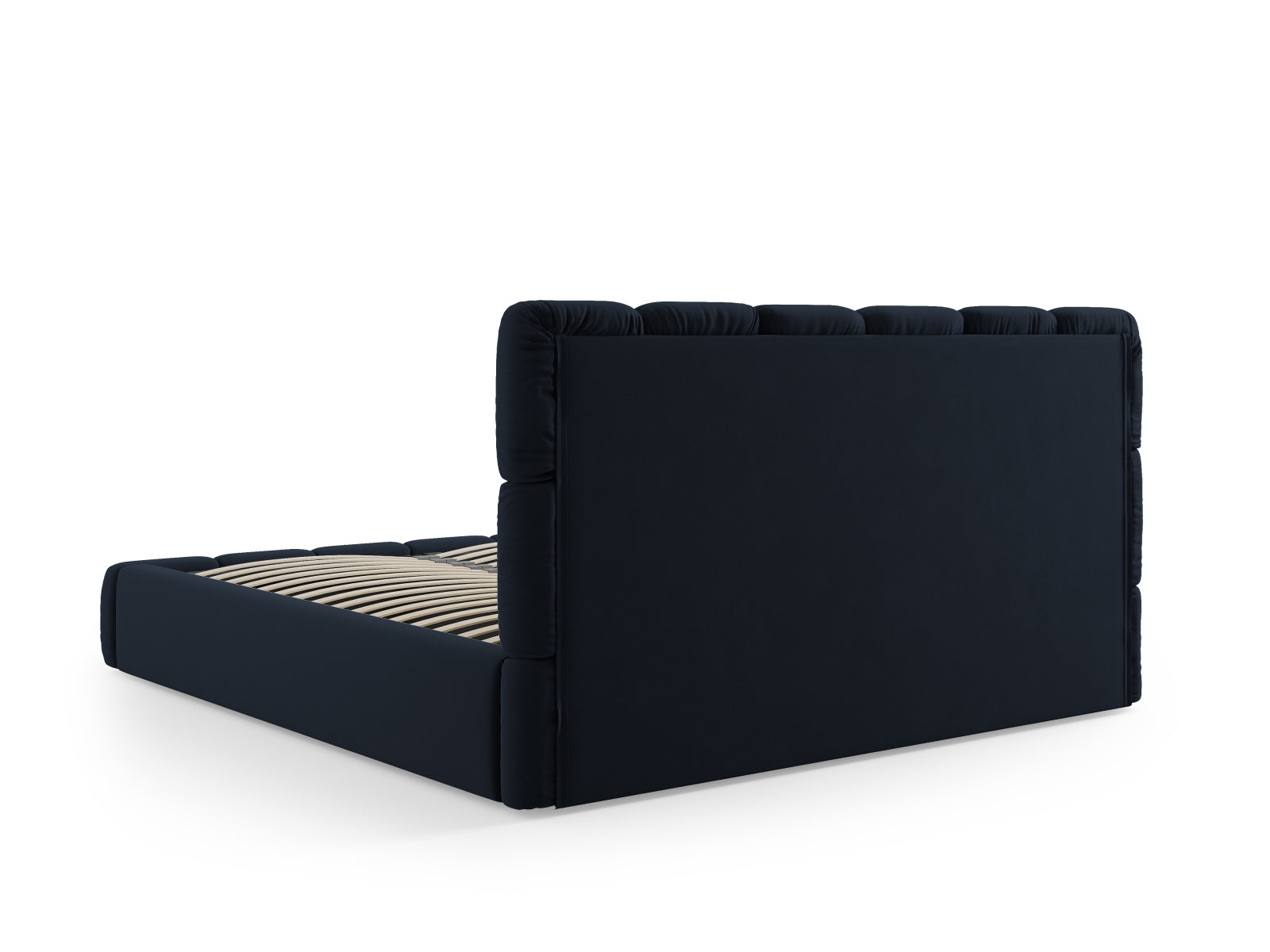 Stilvolles Bellis Velour Bett in tiefem Blau, ausgestattet mit praktischem Stauraum und einem ansprechenden Kopfteil für ein modernes Ambiente.