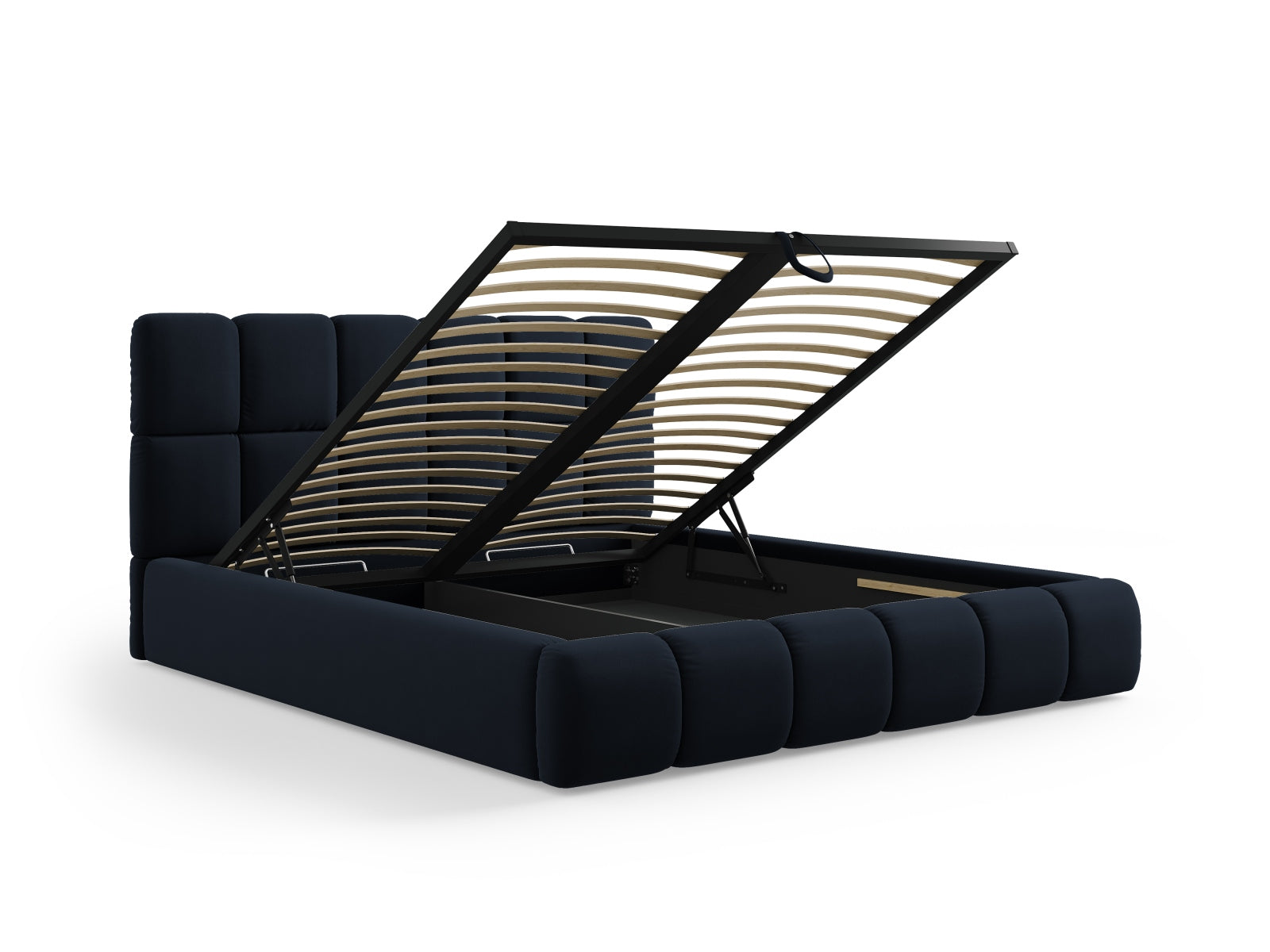 Elegantes Bellis Velour Bett in edlem Blau, bietet cleveren Stauraum und ein geschmackvolles Kopfteil für zeitgemäße Schlafzimmergestaltung.