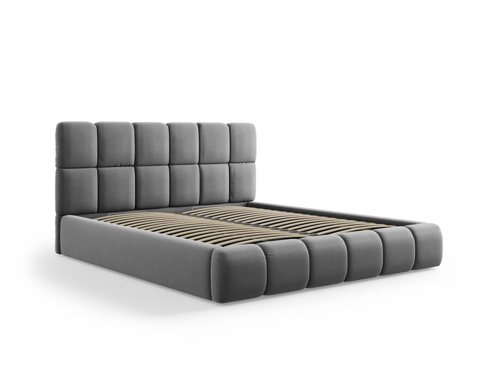 Stylisches Bellis Velour Bett in Grau-Blau, ausgestattet mit praktischem Stauraum und einem eleganten Kopfteil für zeitgemäße Wohnräume.