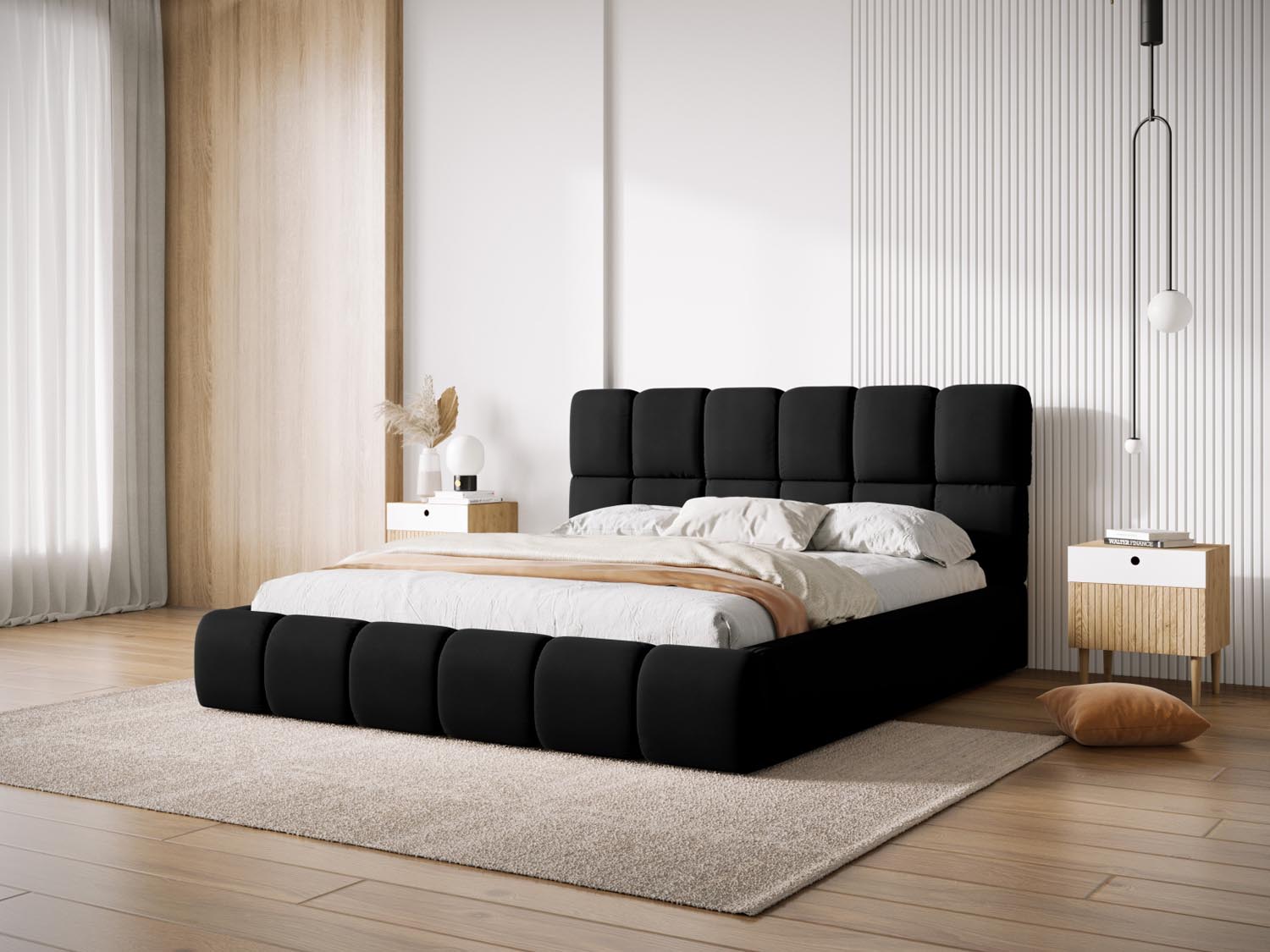 Elegantes Bellis Velour Bett in 140cm mit praktischem Stauraum und stilvollem Headboard, ideal für moderne Schlafzimmer.