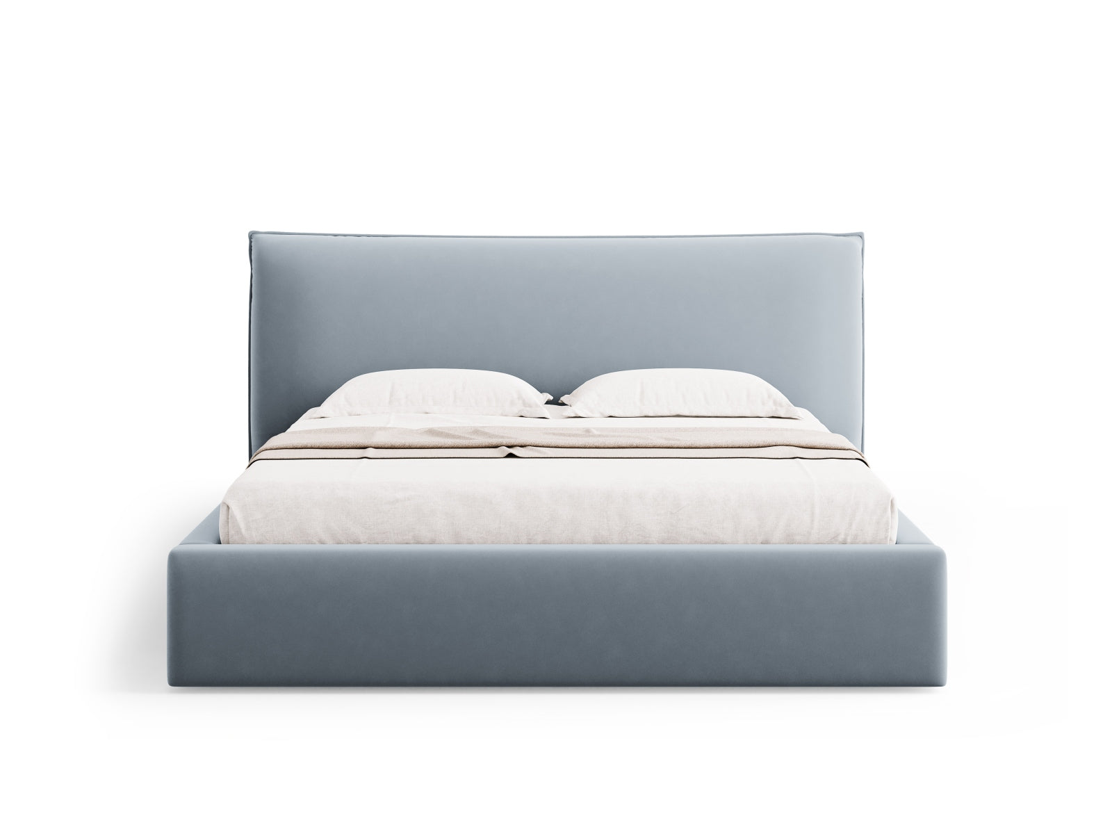 Stylisches Kaelle Velour Bett in zartem Hellblau, ausgestattet mit praktischem Stauraum und einem modernen Kopfteil für ein gemütliches Ambiente.