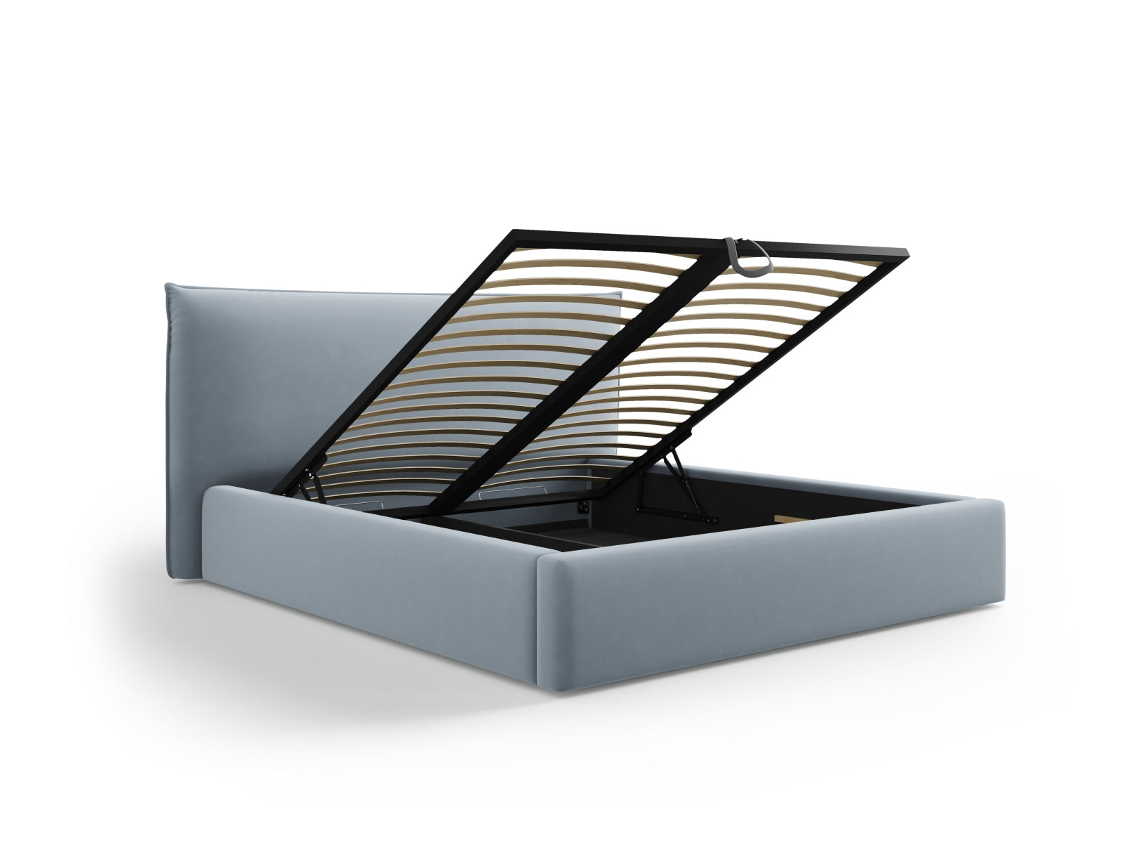 Elegantes Kaelle Velour Bett in sanftem Hellblau, ideal für stilvolle Schlafzimmer, mit integriertem Stauraum und modernem Kopfteil.