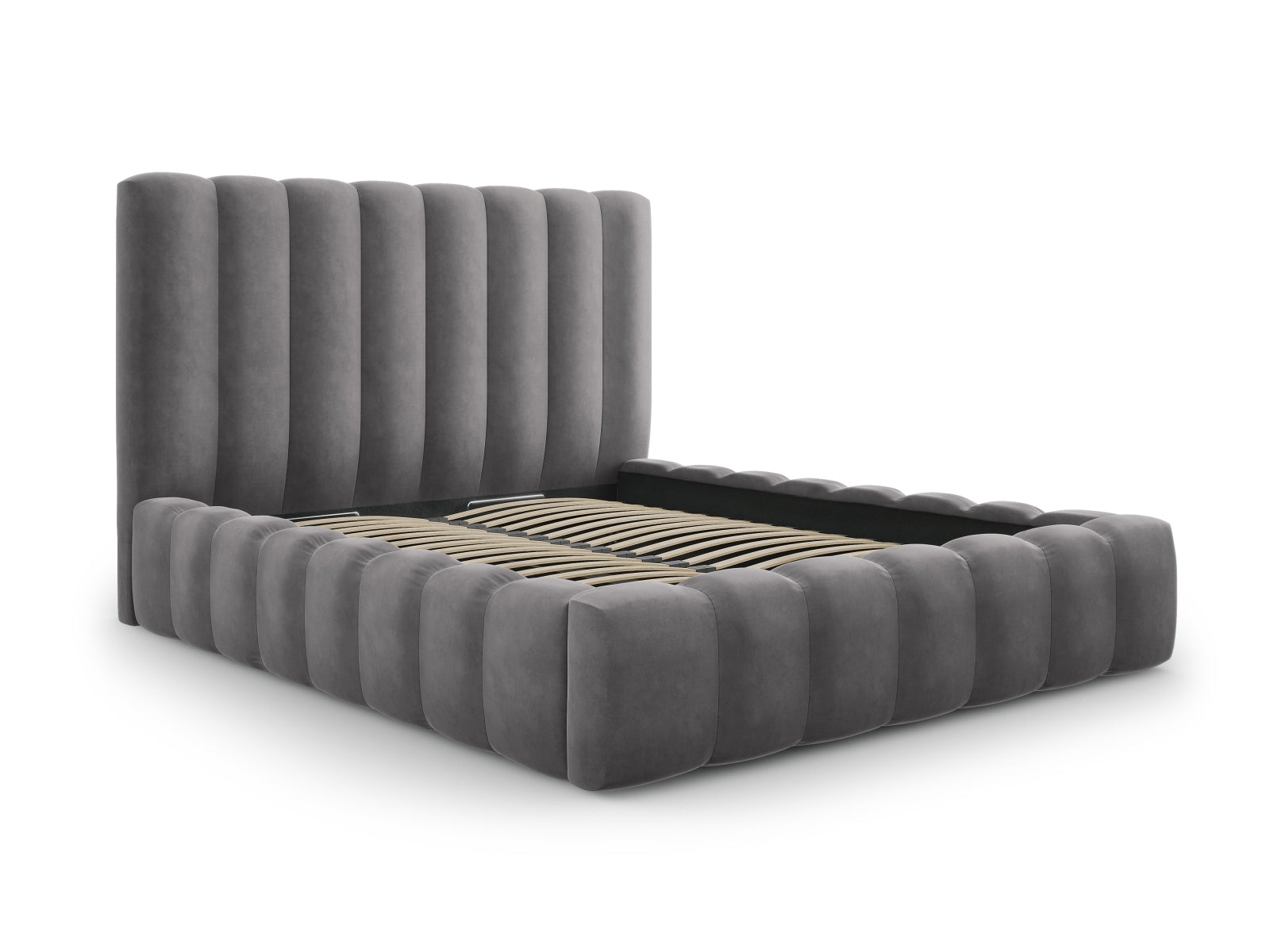 Erleben Sie das elegante Kelp Velour Bett von Micadoni – ideal für Ihr modernes Schlafzimmer, ausgestattet mit praktischem Stauraum und einem komfortablen Headboard.