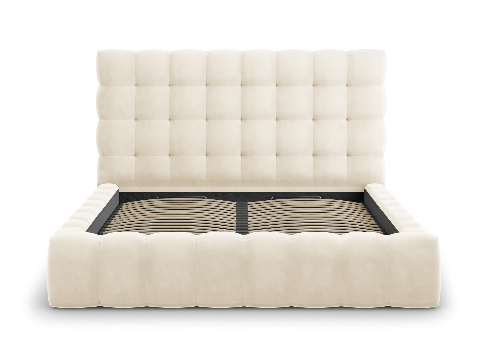 Elegantes Mamaia Velour Bett in zartem Beige, ideal für moderne Schlafzimmer, bietet zusätzlichen Stauraum und ein geschmackvolles Kopfteil.