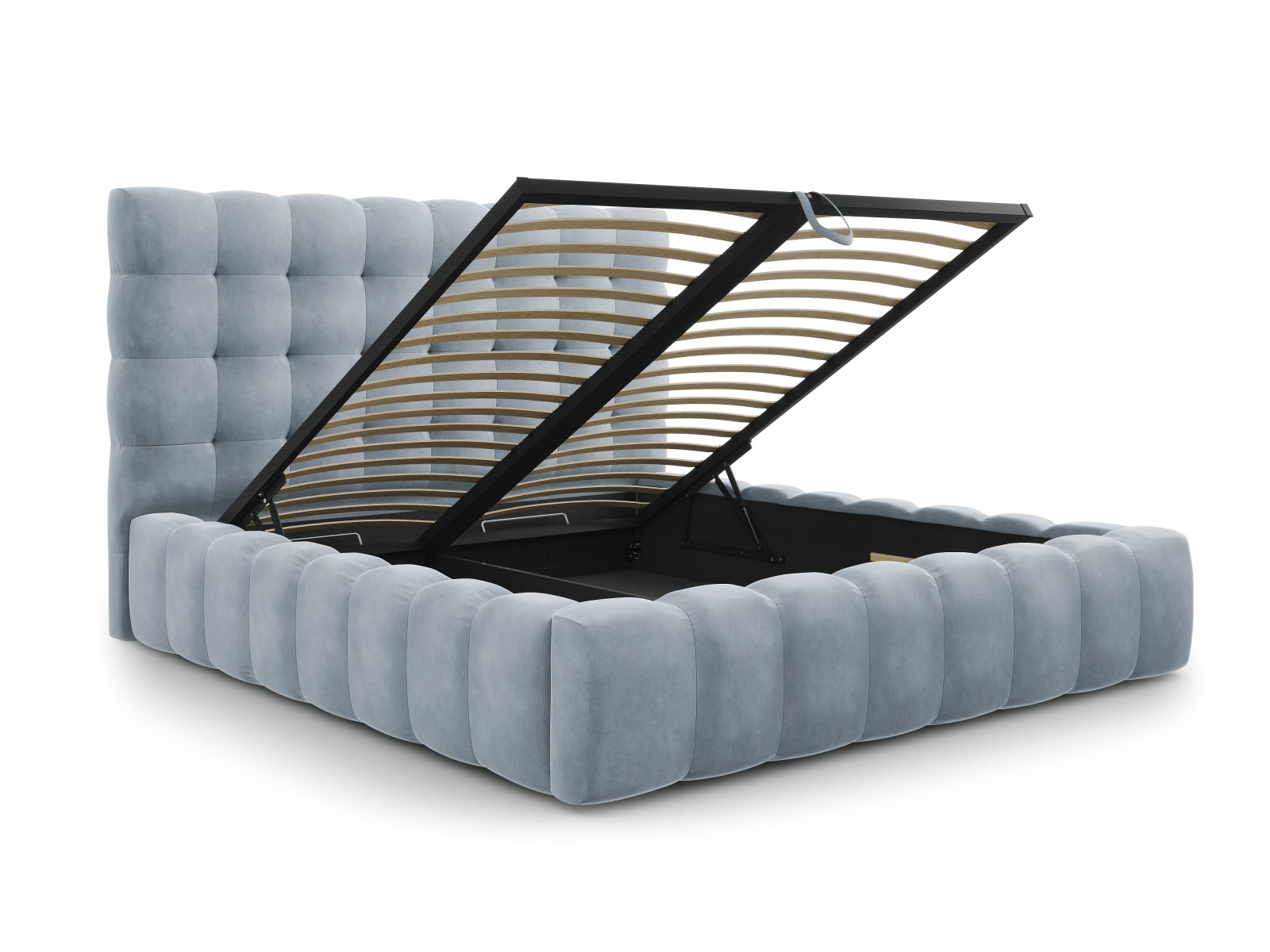 Stilvolles Mamaia Velour Bett in zartem Hellblau, ausgestattet mit praktischem Stauraum und einem eleganten Kopfteil für moderne Schlafzimmer.
