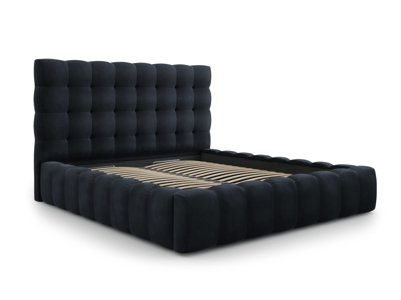 Stilvolles Mamaia Velour Bett in tiefem Blau, ausgestattet mit praktischem Stauraum und einem eleganten Kopfteil für zeitgemäße Wohnräume.