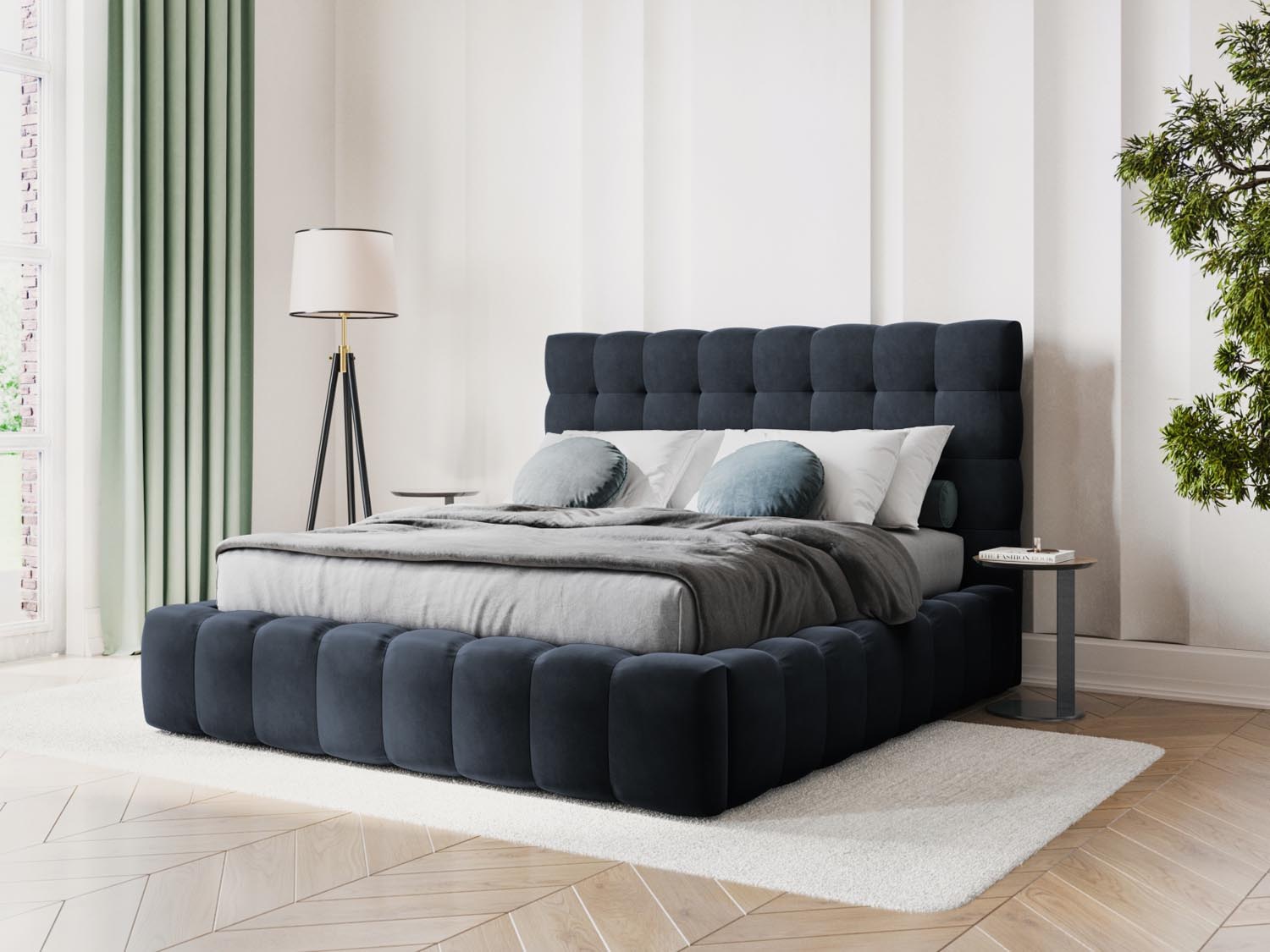 Elegantes Mamaia Velour Bett in Dunkelblau mit praktischem Stauraum und stilvollem Headboard, ideal für moderne Schlafzimmer.