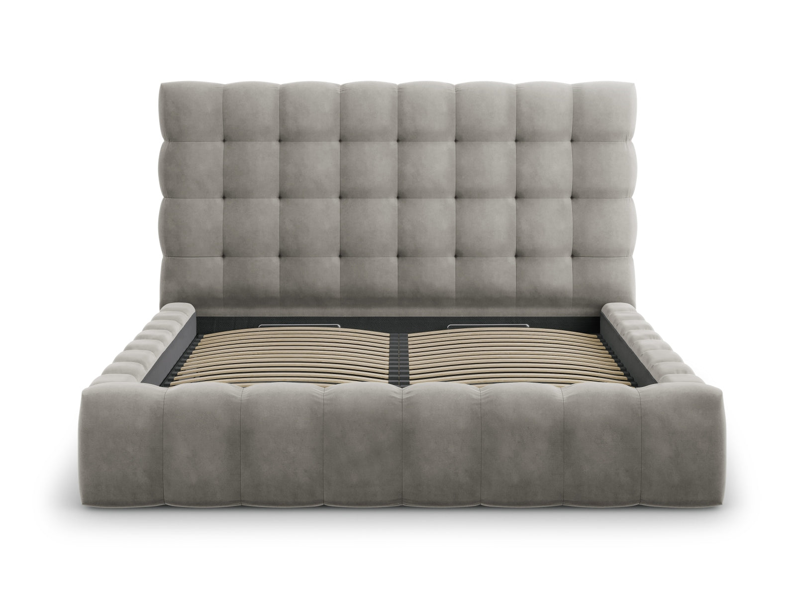 Elegantes Mamaia Velour Bett in sanftem Grau, ideal für moderne Schlafzimmer, bietet zusätzlichen Stauraum und ein stilvolles Kopfteil.