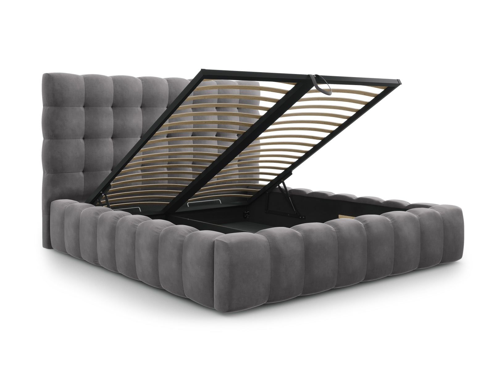 Stilvolles Mamaia Velourbett in Grau mit praktischem Stauraum und elegantem Kopfteil, perfekt für zeitgemäße Schlafzimmergestaltung.