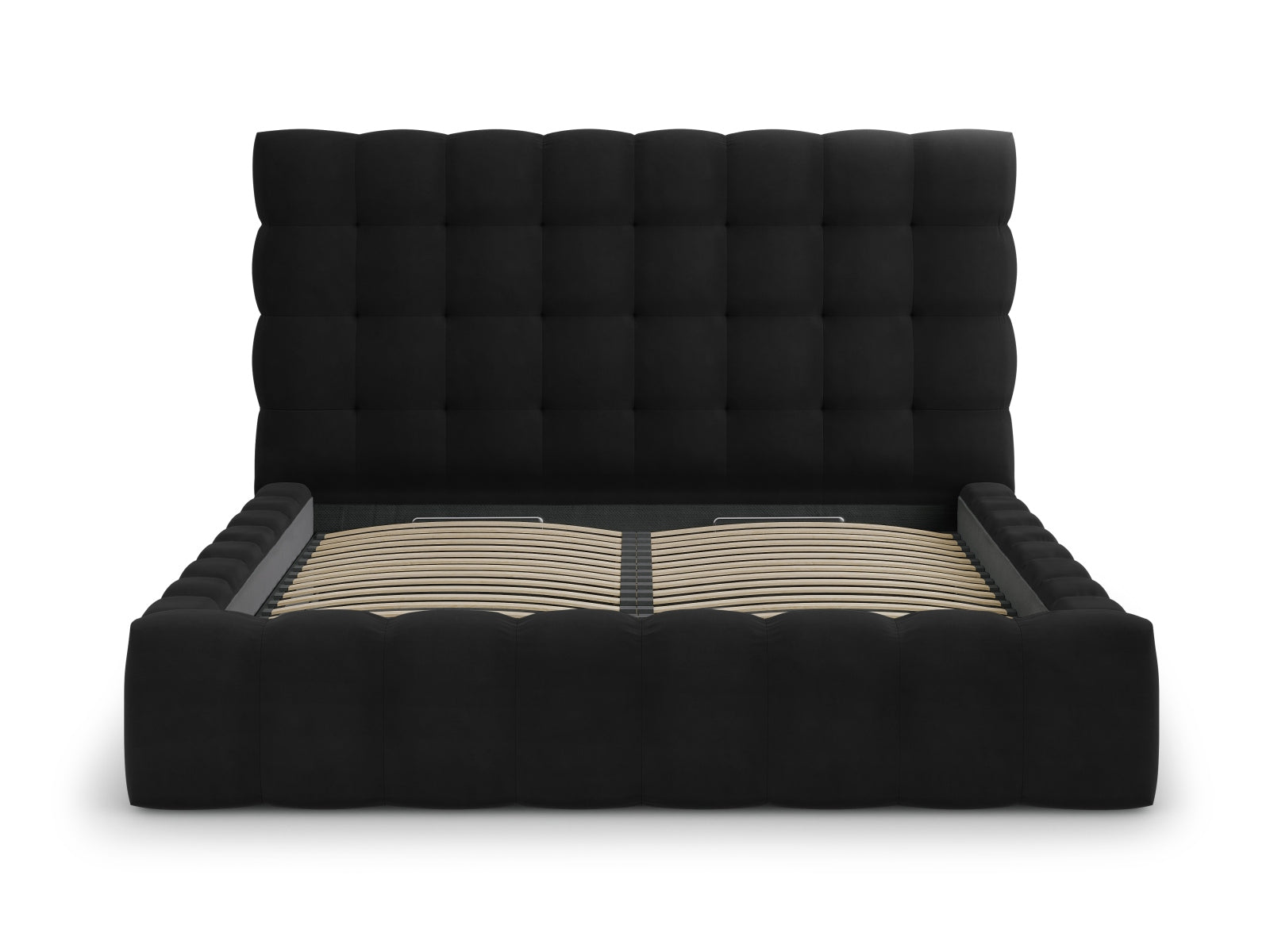 Elegantes Mamaia Velour Bett in Schwarz, 140 cm, mit praktischem Stauraum und modernem Kopfteil für ein stilvolles Schlafzimmer.