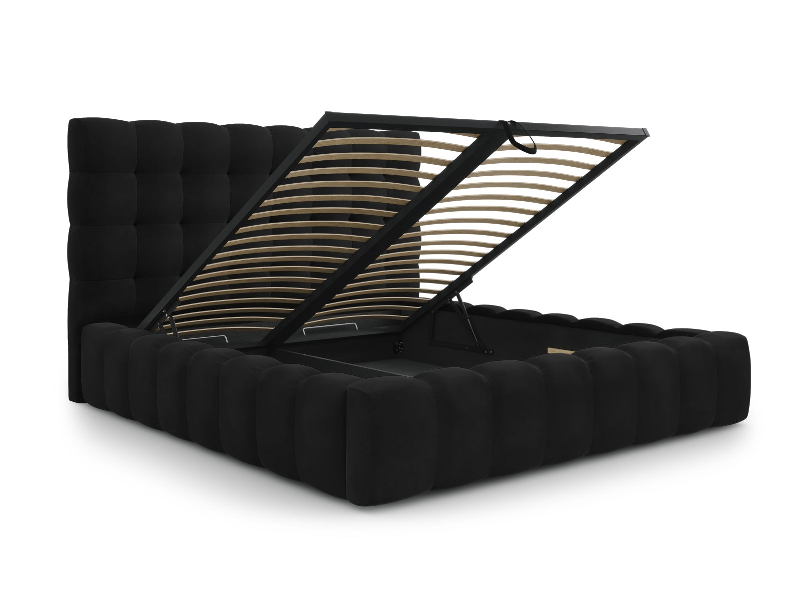 Schwarzes Mamaia Velour Bett mit 140 cm Breite, ausgestattet mit Stauraum und einem ansprechenden Kopfteil für zeitgemäße Schlafzimmergestaltung.