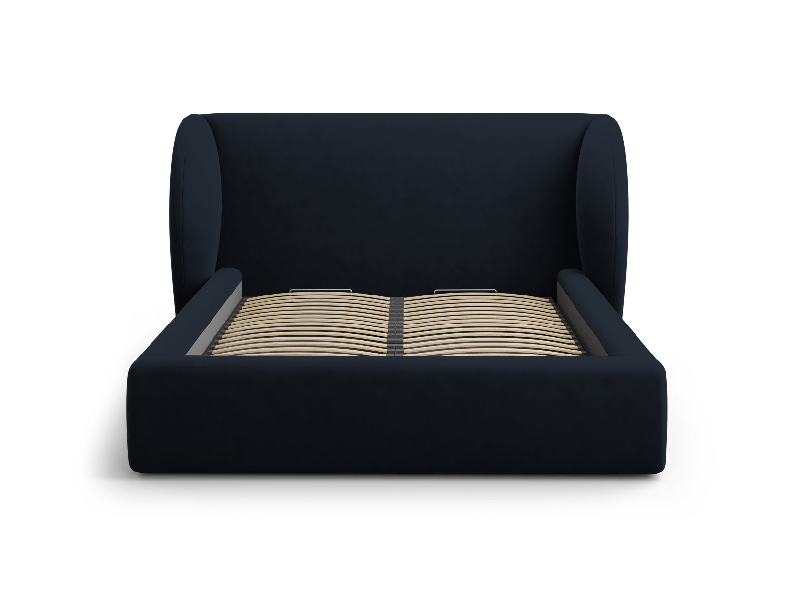 Stilvolles Miley Velour Bett in tiefem Blau, ausgestattet mit praktischem Stauraum und einem eleganten Kopfteil für zeitgemäße Schlafzimmer.