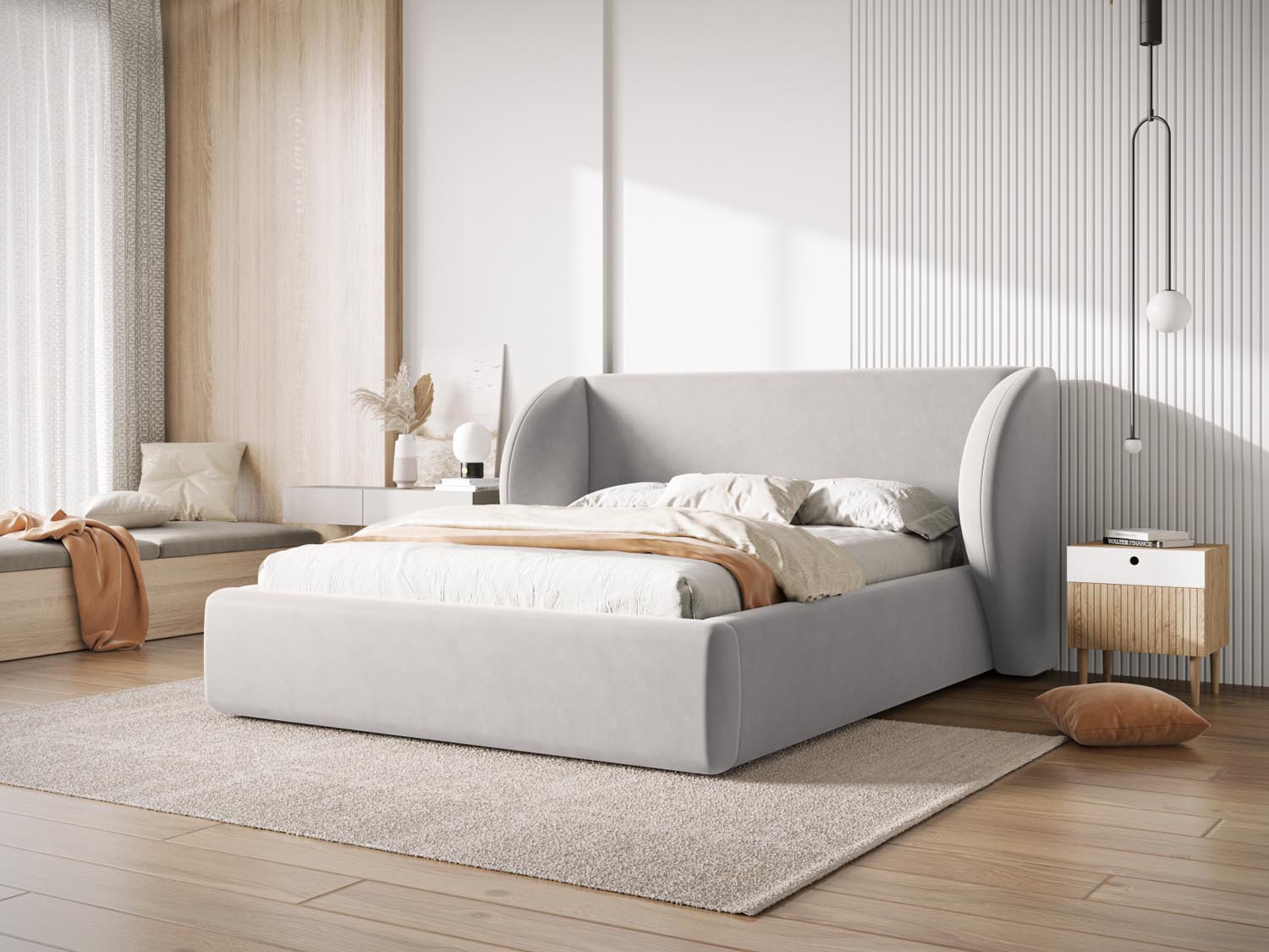 Elegantes Miley Velour Bett in Silver-Bluvel mit praktischem Stauraum und stilvollem Headboard, ideal für moderne Schlafzimmer.