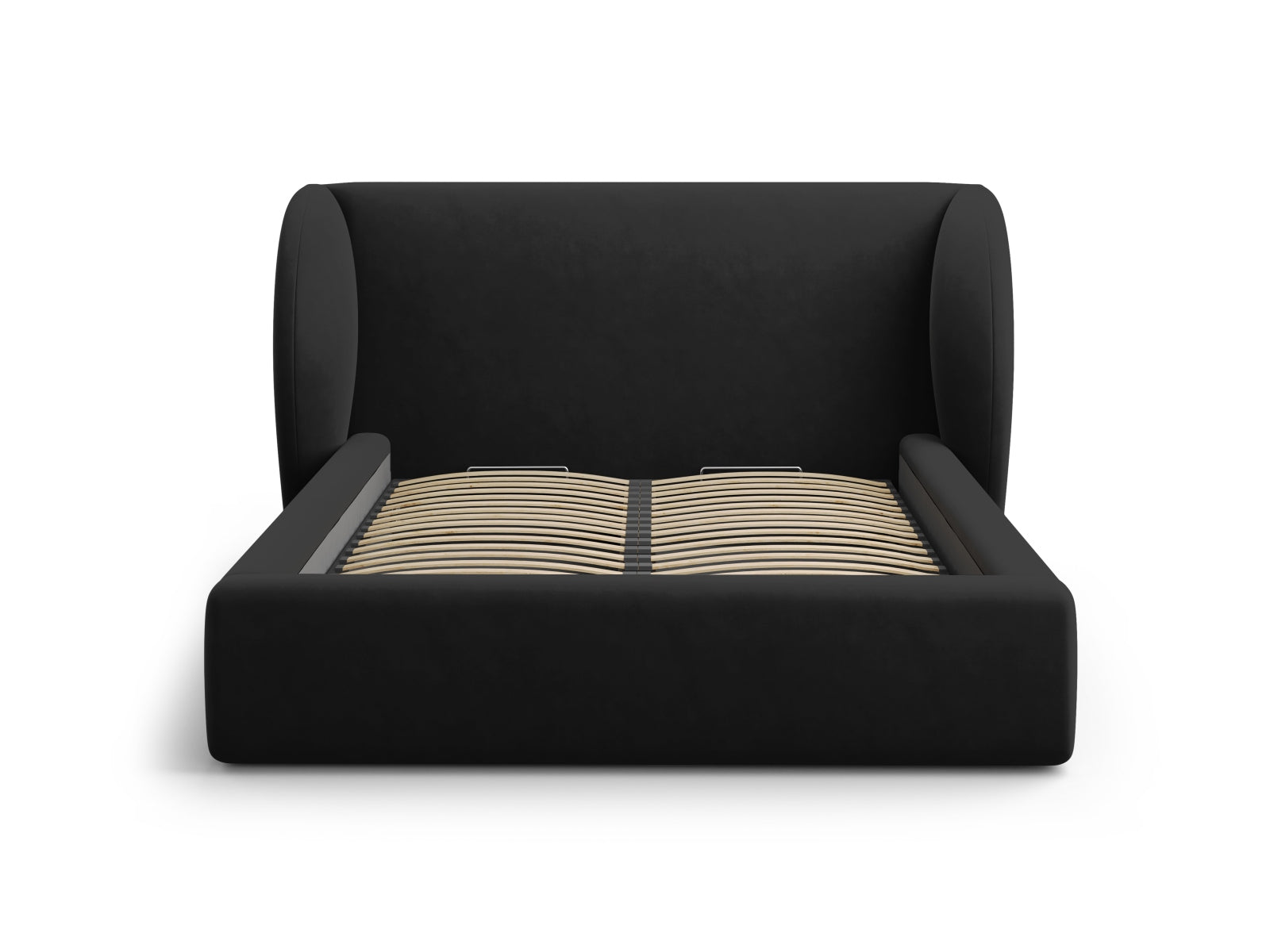 Schwarzes Miley Velour Bett mit 140 cm Breite, ausgestattet mit Stauraum und einem ansprechenden Kopfteil für zeitgemäße Wohnräume.