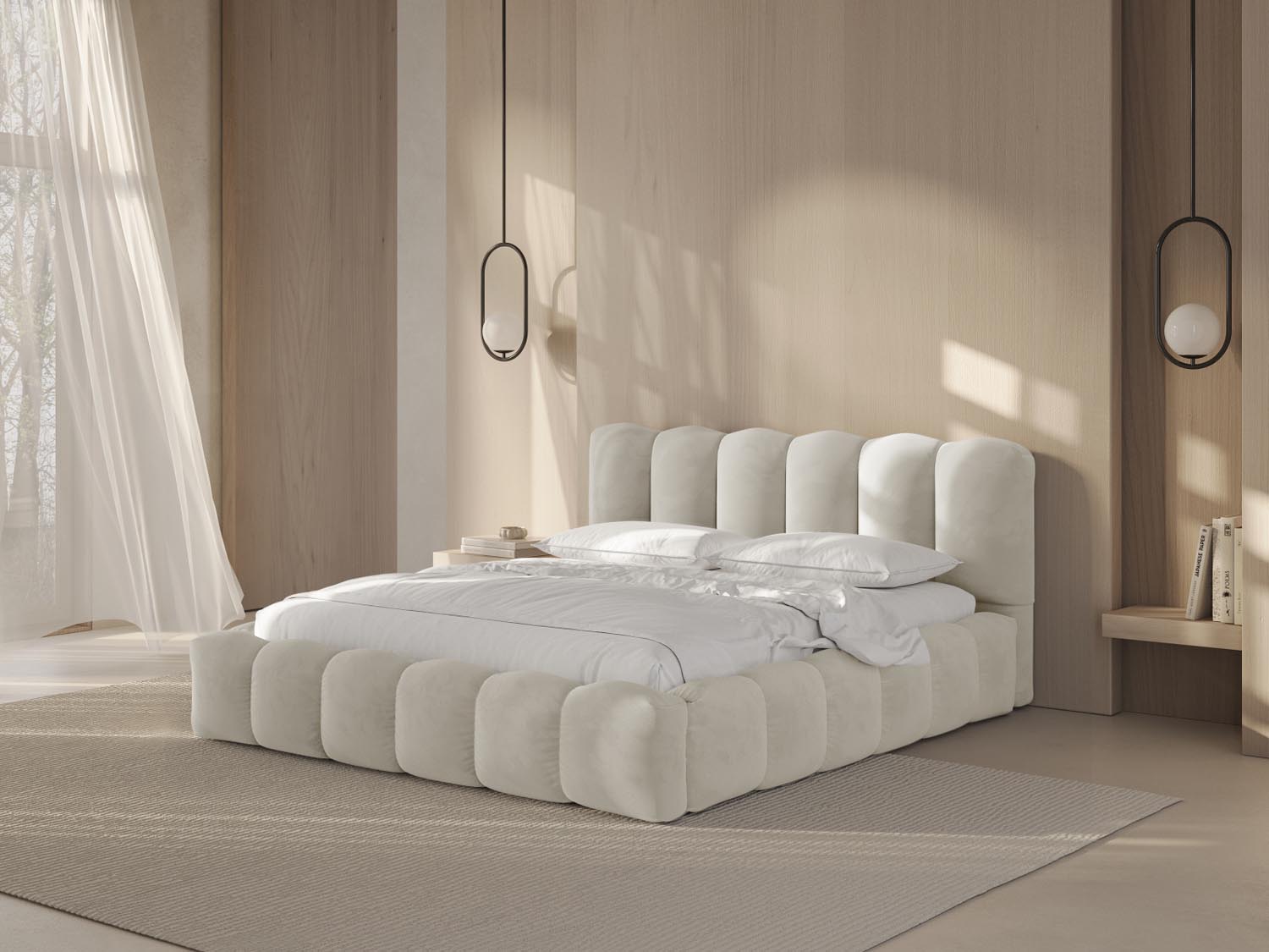 Elegantes Lupine Velour Bett in Beige mit praktischem Stauraum und stilvollem Headboard, ideal für moderne Schlafzimmer.