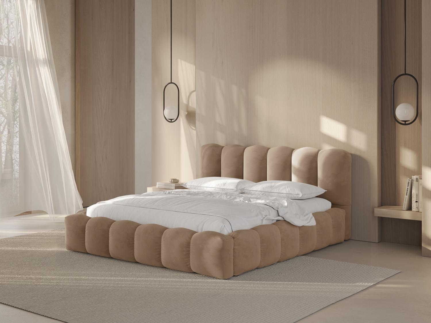 Elegantes Lupine Velour Bett in Sand-Paris mit praktischem Stauraum und stilvollem Headboard, ideal für jedes Schlafzimmer.