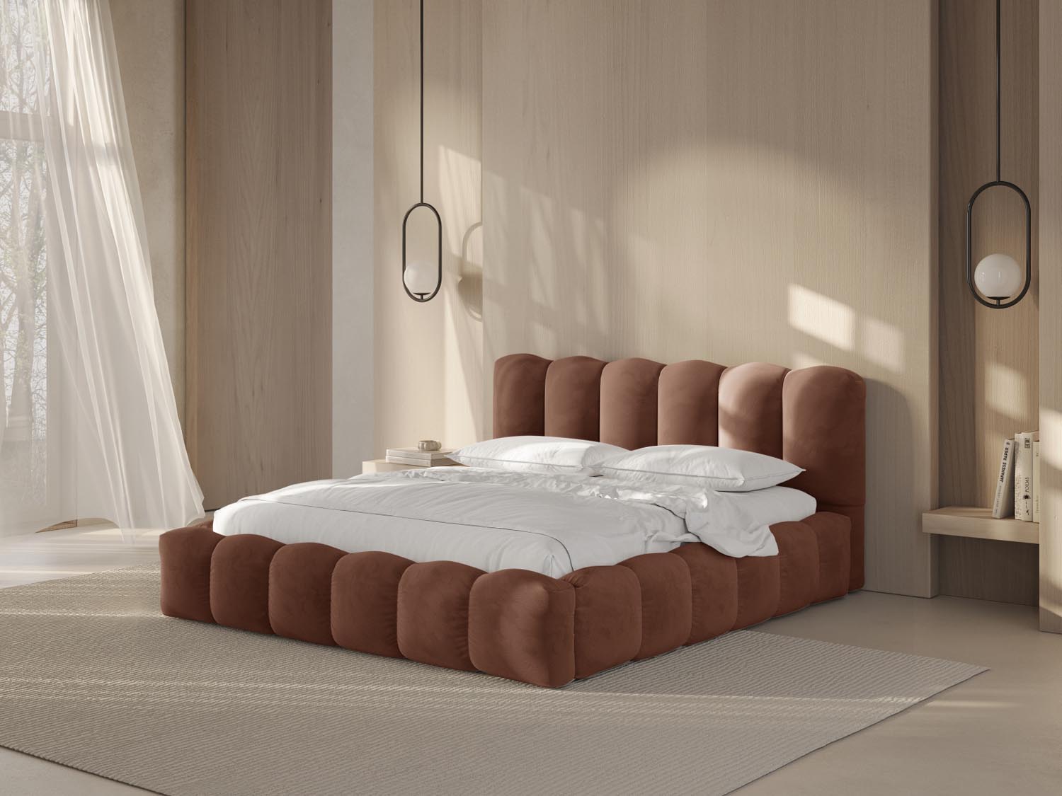Elegantes Lupine Velour Bett in Honey-Paris mit praktischem Stauraum und stilvollem Headboard, ideal für moderne Schlafzimmer.
