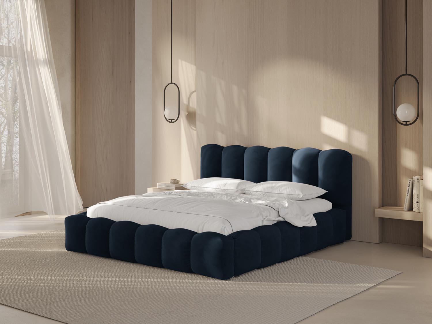 Elegantes Lupine Velour Bett in Dunkelblau mit praktischem Stauraum und stilvollem Kopfteil, ideal für moderne Schlafzimmer.