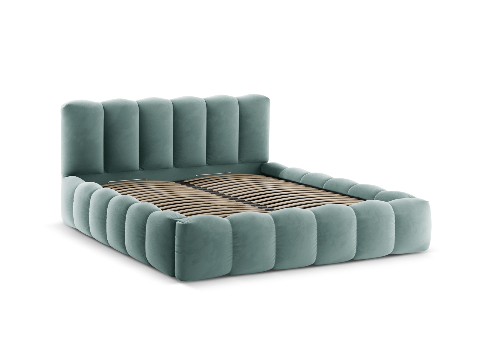 Stilvolles Lupine Velour Bett in Mint-Paris, ausgestattet mit praktischem Stauraum und einem eleganten Kopfteil für zeitgemäße Schlafzimmer.