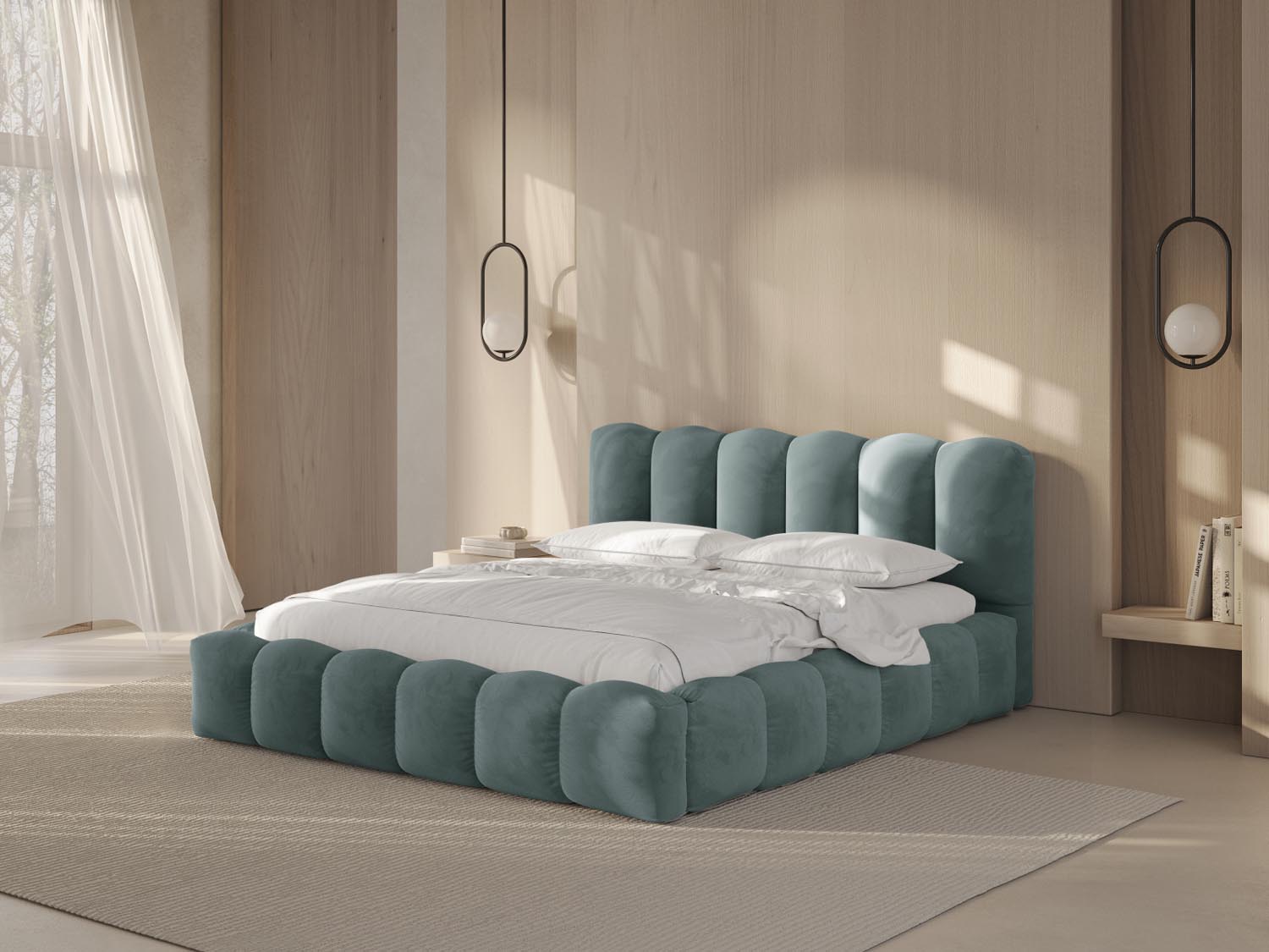 Elegantes Lupine Velour Bett in Mint-Paris mit praktischem Stauraum und stilvollem Headboard, ideal für moderne Schlafzimmer.