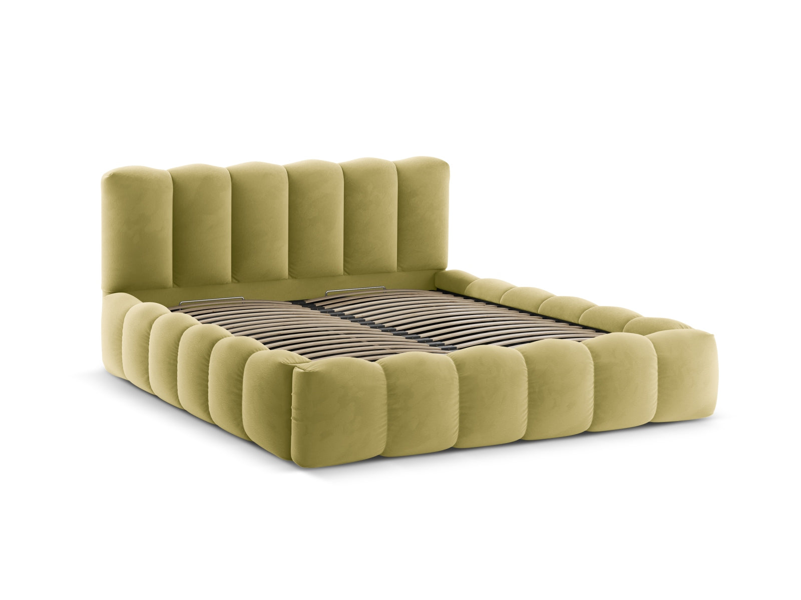 Stilvolles Lupine Velour Bett in Mud-Paris, ausgestattet mit praktischem Stauraum und einem eleganten Kopfteil für zeitgemäße Schlafzimmer.
