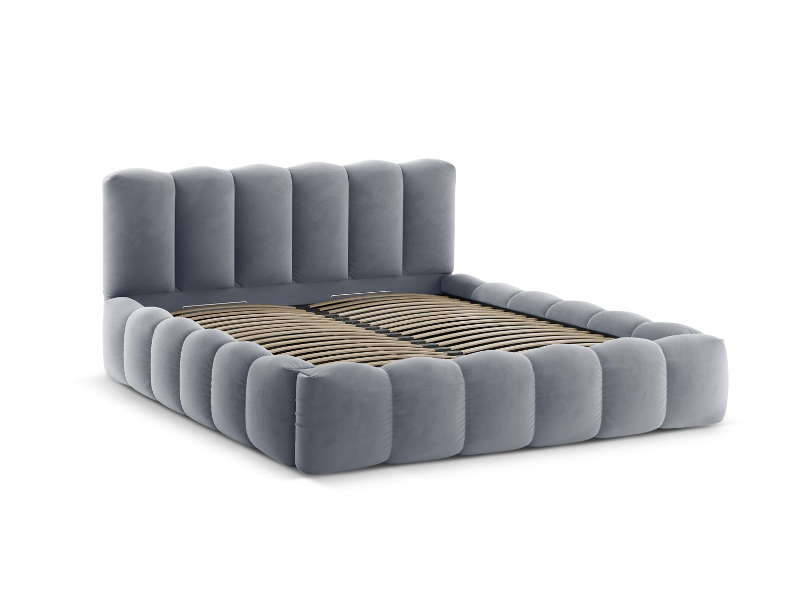 Stilvolles graues Velour Bett von Lupine mit integriertem Stauraum und ansprechendem Kopfteil, perfekt für zeitgemäße Wohnräume.