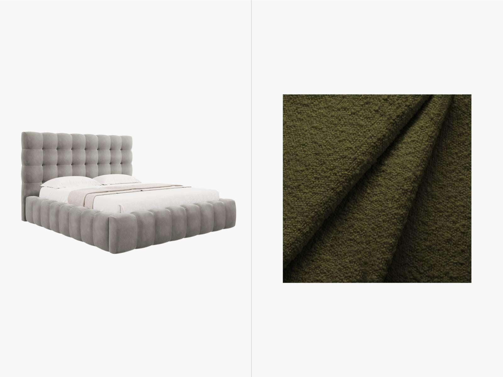 Mamaia Boucle Bett mit Stauraum und Headboard 185cm in Dark Olive Green/Schwarz präsentiert im Onlineshop von KAQTU Design AG. Bett ist von Micadoni