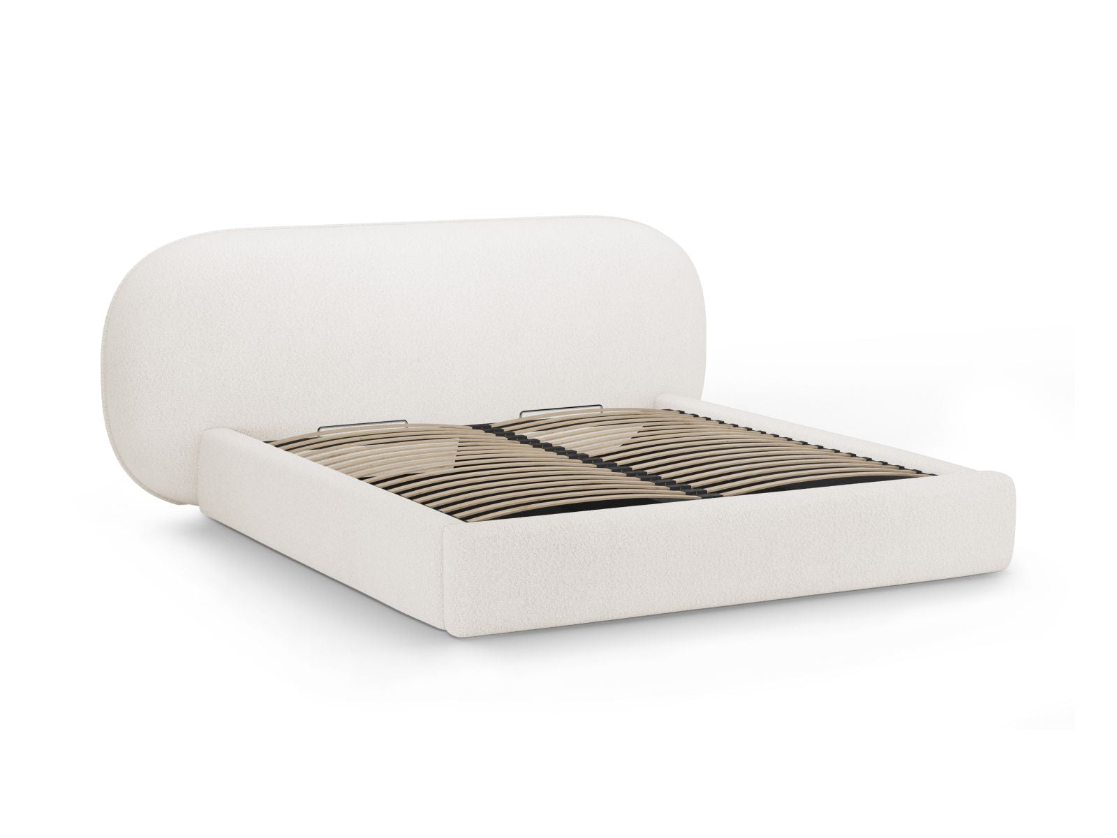 Modernes Ovalo Bett mit 160 cm Breite, praktischen Stauraum und geschmackvollem Kopfteil in Weiß, perfekt für stilvolle Schlafzimmer.