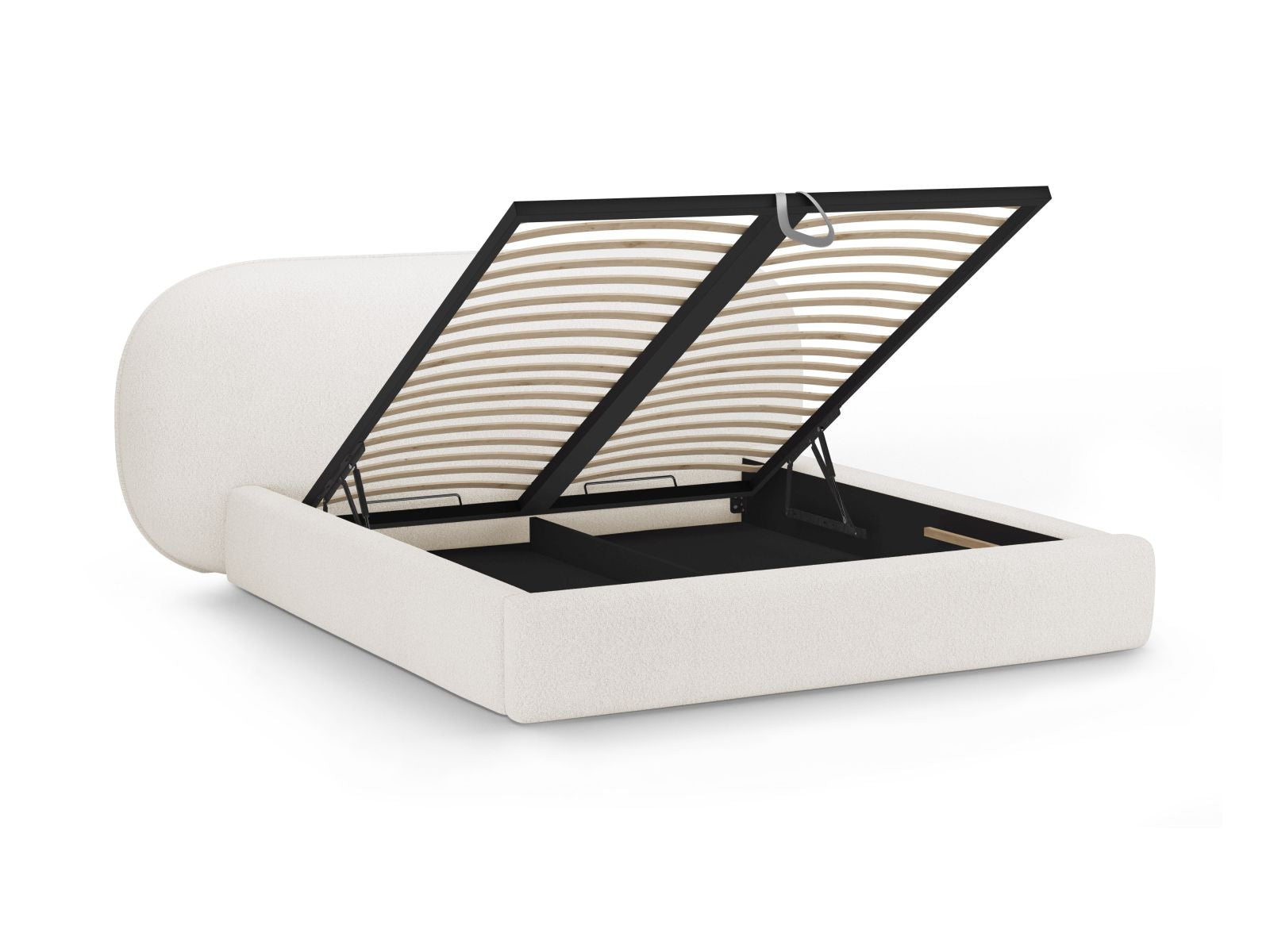 Elegantes Ovalo Bett mit 160 cm Breite, ausgestattet mit praktischem Stauraum und einem stilvollen Kopfteil in Weiß, ideal für moderne Schlafzimmer.