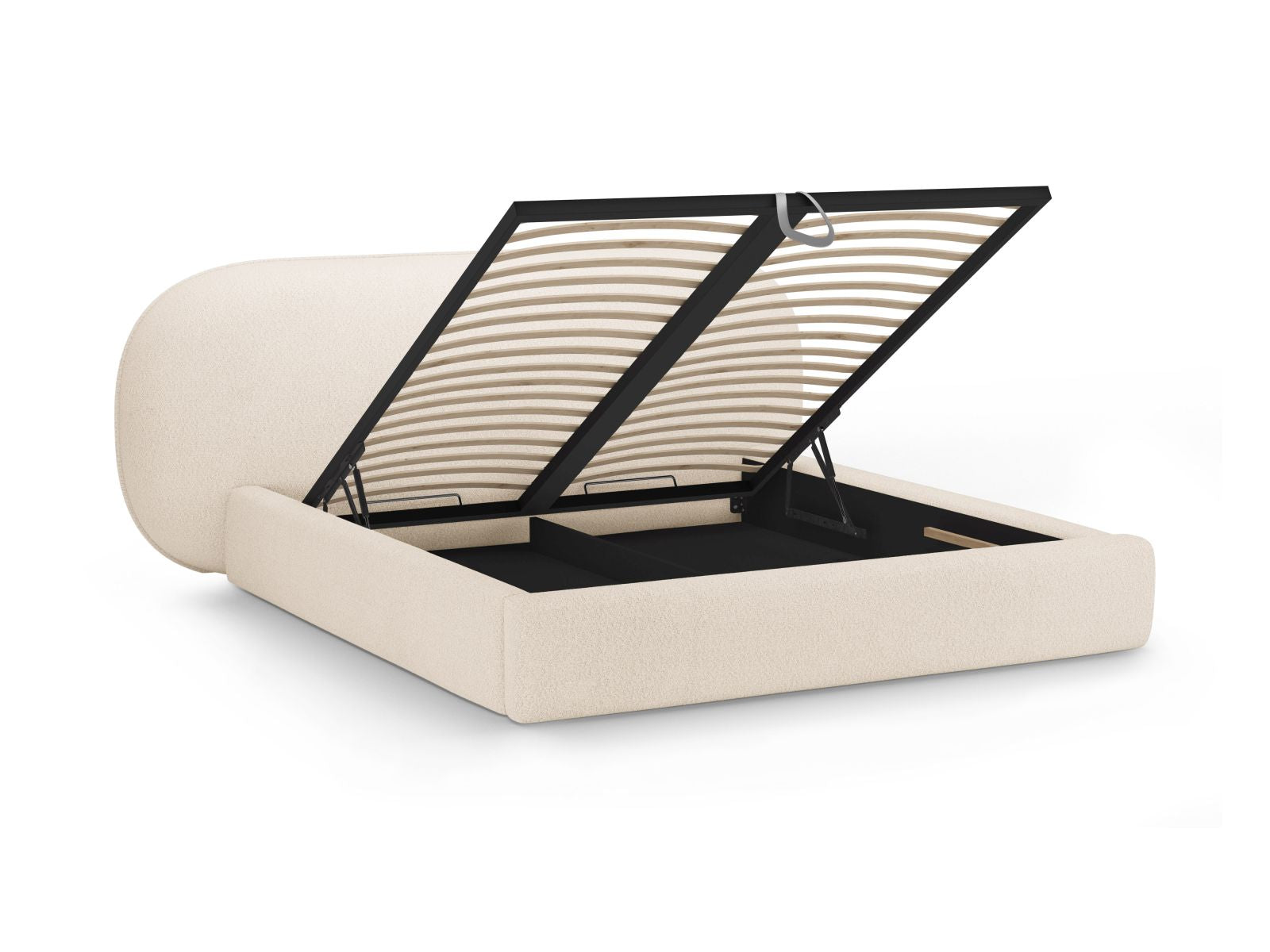 Elegantes Ovalo Bett in 160 cm Breite, bietet cleveren Stauraum und ein stilvolles Kopfteil in sanftem Beige für ein modernes Schlafzimmer.