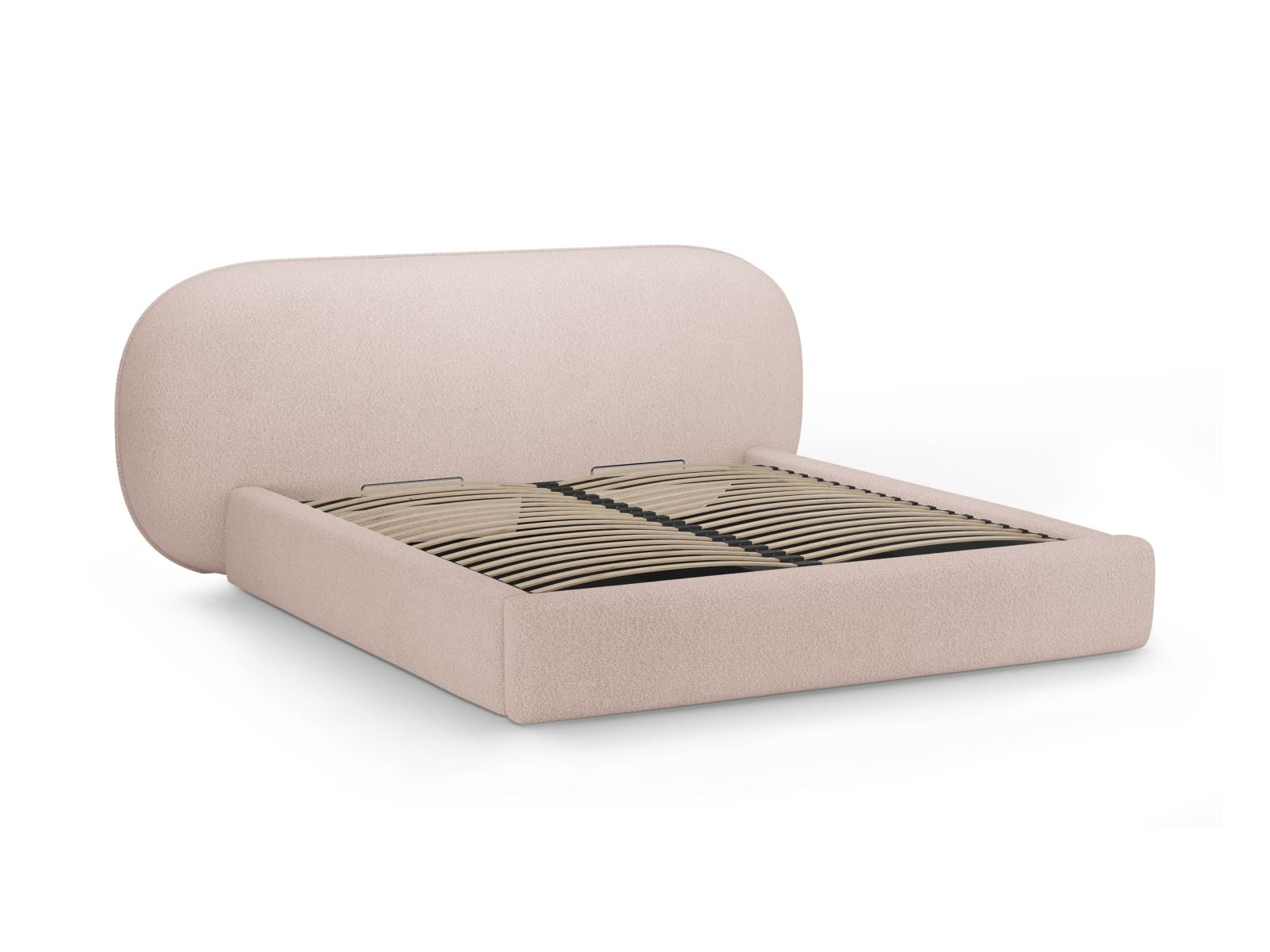 Stylisches Ovalo Bett in sanftem Powder Pink, ausgestattet mit praktischem Stauraum und einem ansprechenden Kopfteil für zeitgemäße Wohnräume.