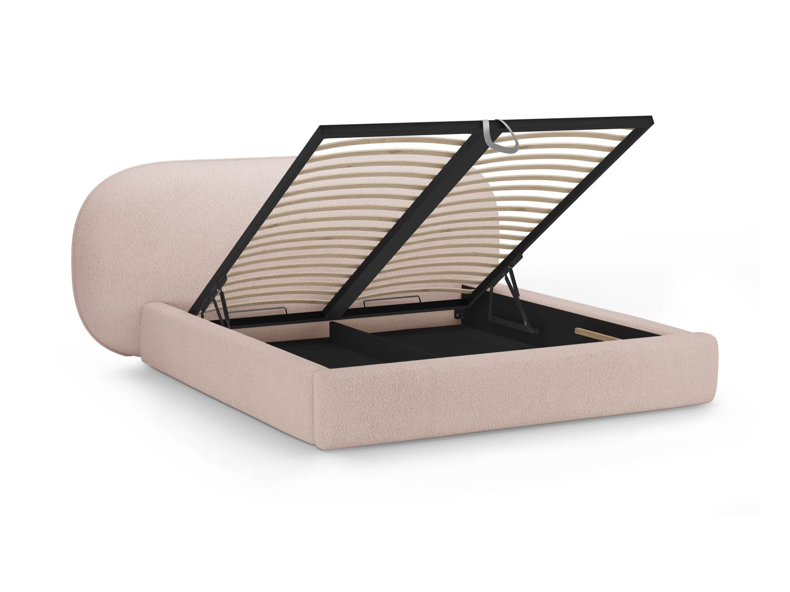 Elegantes Ovalo Bett in zartem Powder Pink, ideal für moderne Schlafzimmer, bietet zusätzlichen Stauraum und ein geschmackvolles Kopfteil.
